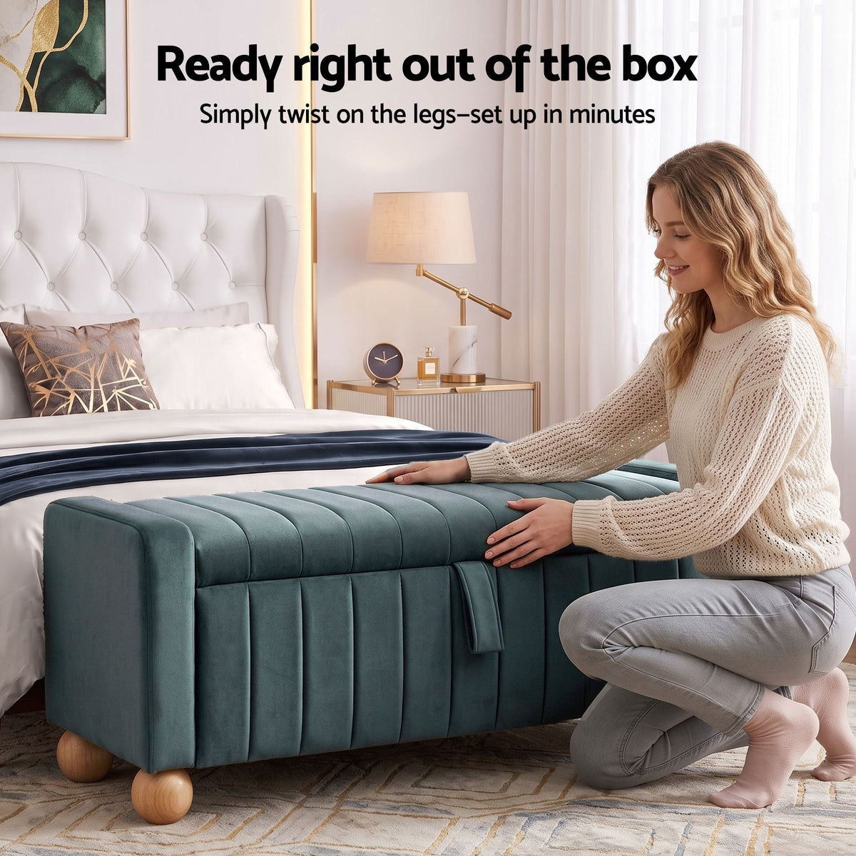 Storage Ottoman Bench with Velvet Upholstery and Ball Feet - Green - Furniture > Living Room > Ottomans & Footstools - Rivercity House & Home Co. (ABN 18 642 972 209) - Affordable Modern Furniture Australia