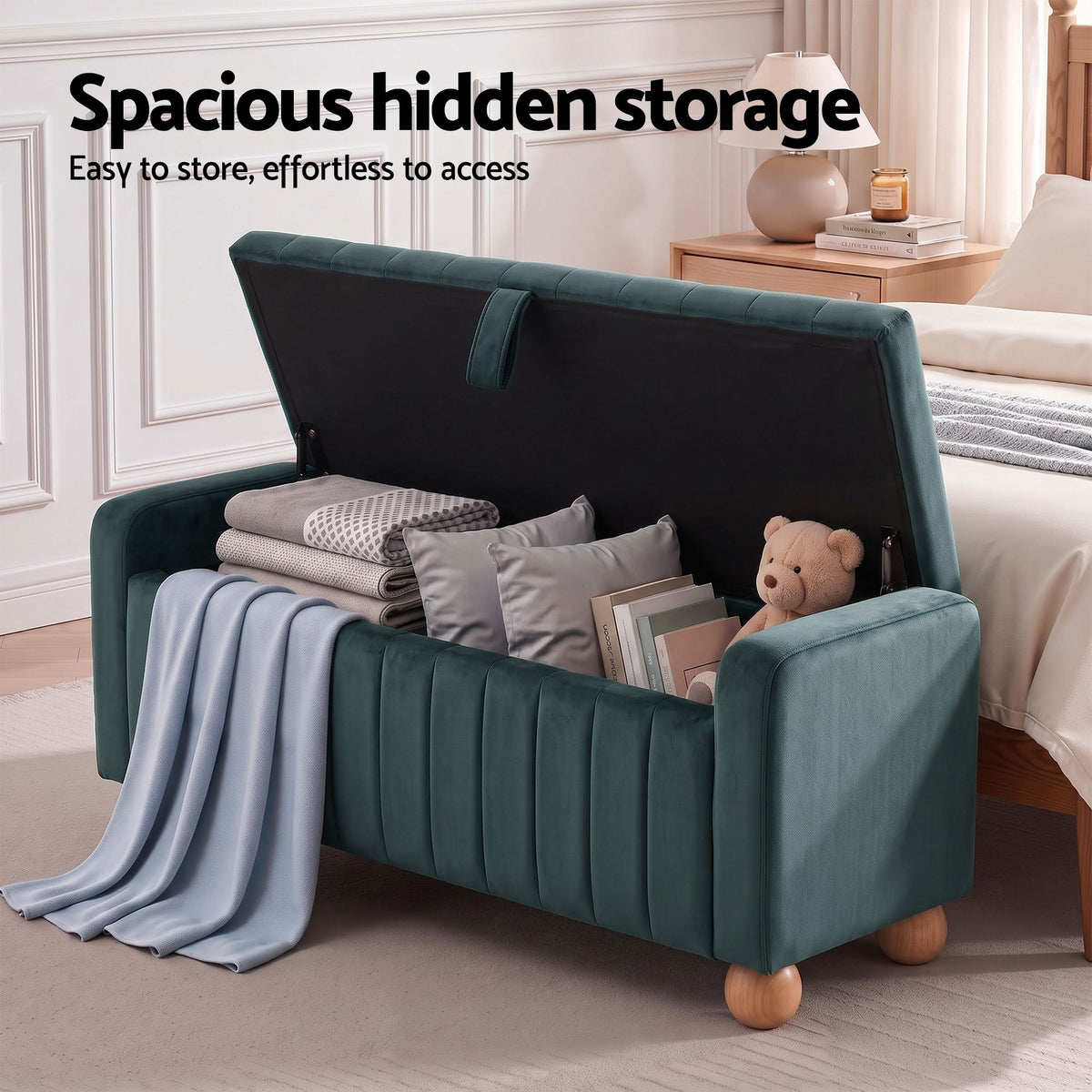 Storage Ottoman Bench with Velvet Upholstery and Ball Feet - Green - Furniture > Living Room > Ottomans & Footstools - Rivercity House & Home Co. (ABN 18 642 972 209) - Affordable Modern Furniture Australia