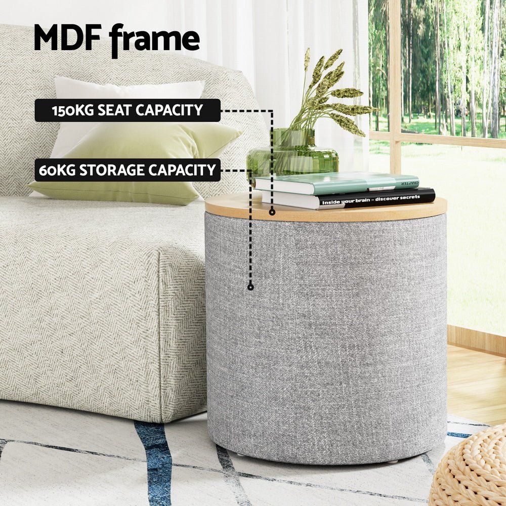 Storage Ottoman Blanket Box 40cm Linen Round Grey - Furniture > Living Room - Rivercity House & Home Co. (ABN 18 642 972 209) - Affordable Modern Furniture Australia