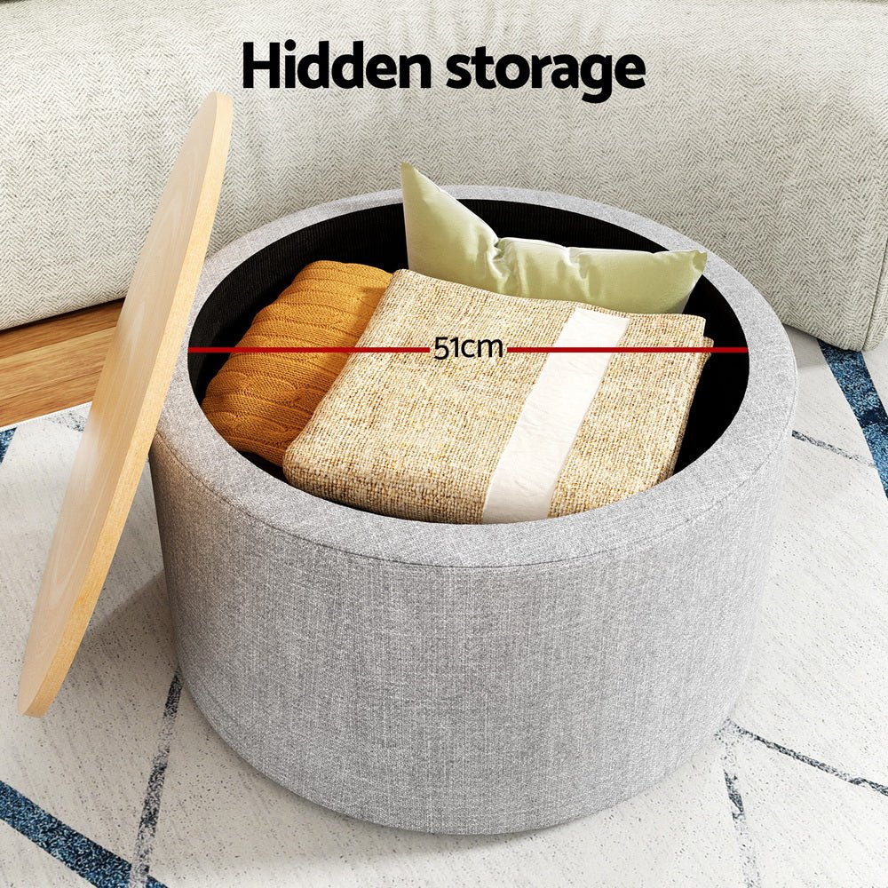 Storage Ottoman Blanket Box 60cm Linen Round Grey - Furniture > Living Room - Rivercity House & Home Co. (ABN 18 642 972 209) - Affordable Modern Furniture Australia