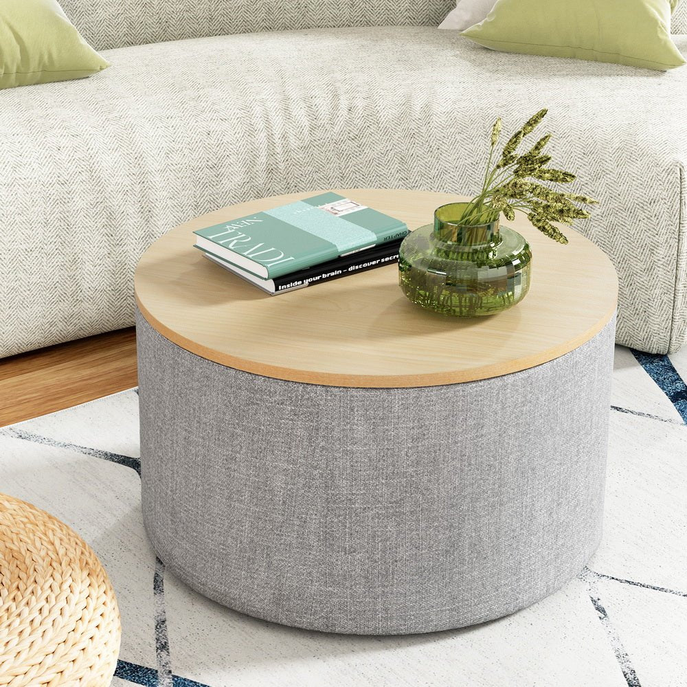 Storage Ottoman Blanket Box 60cm Linen Round Grey - Furniture > Living Room - Rivercity House & Home Co. (ABN 18 642 972 209) - Affordable Modern Furniture Australia