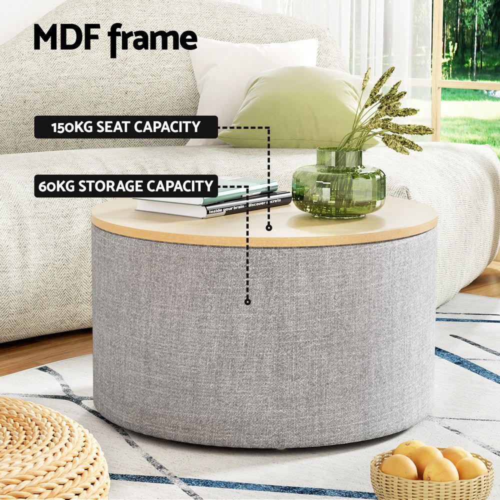Storage Ottoman Blanket Box 60cm Linen Round Grey - Furniture > Living Room - Rivercity House & Home Co. (ABN 18 642 972 209) - Affordable Modern Furniture Australia