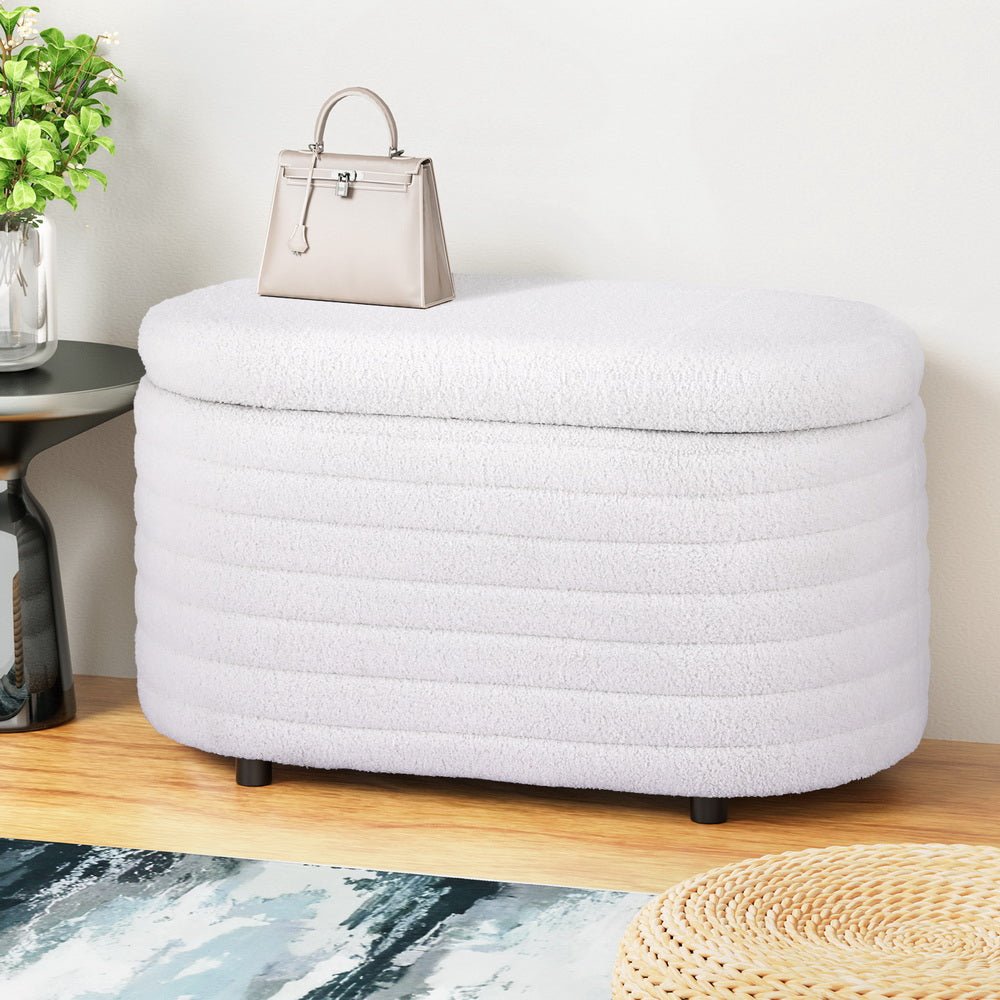 Storage Ottoman Blanket Box 87cm Boucle Fabric Oval - Furniture > Living Room - Rivercity House & Home Co. (ABN 18 642 972 209) - Affordable Modern Furniture Australia