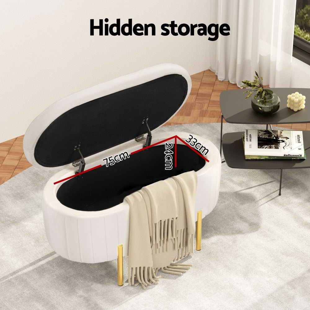 Storage Ottoman Blanket Box 87cm Velvet Oval White - Furniture > Living Room - Rivercity House & Home Co. (ABN 18 642 972 209) - Affordable Modern Furniture Australia