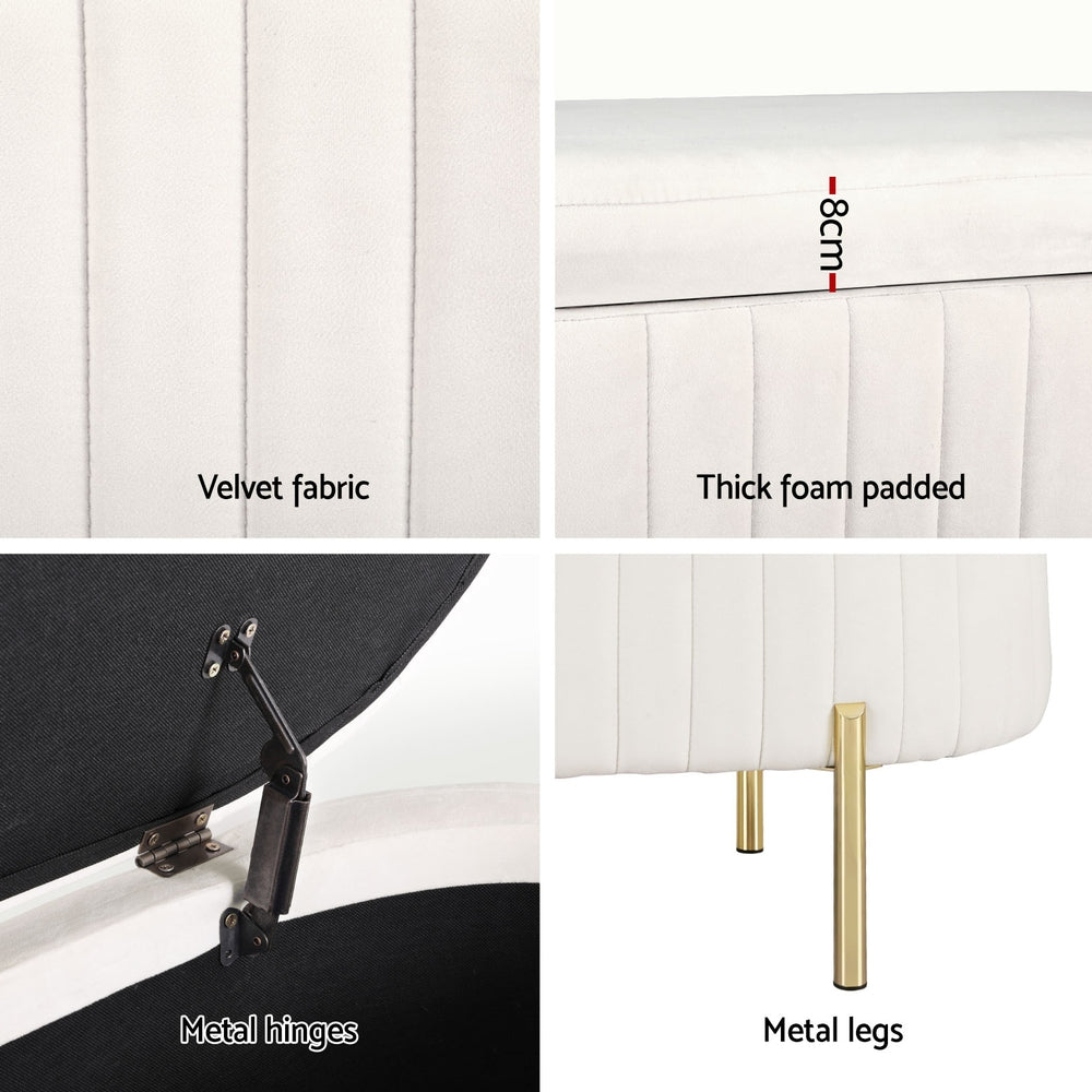 Storage Ottoman Blanket Box 87cm Velvet Oval White - Furniture > Living Room - Rivercity House & Home Co. (ABN 18 642 972 209) - Affordable Modern Furniture Australia