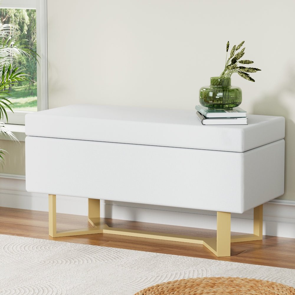 Storage Ottoman Blanket Box Criss - cross Linen White - Furniture > Living Room - Rivercity House & Home Co. (ABN 18 642 972 209) - Affordable Modern Furniture Australia