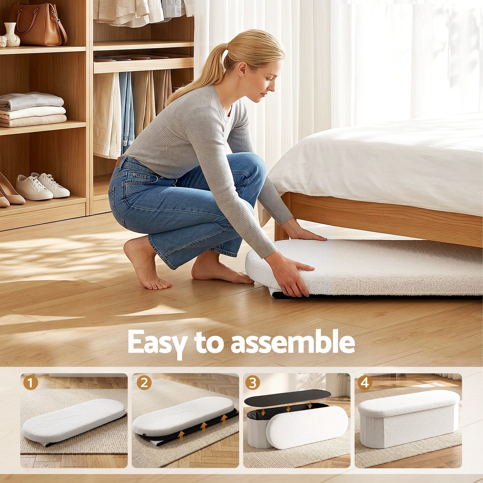 Storage Ottoman Foot Stool Rest Boucle Fabric Foldable White - Furniture > Living Room > Ottomans & Footstools - Rivercity House & Home Co. (ABN 18 642 972 209) - Affordable Modern Furniture Australia