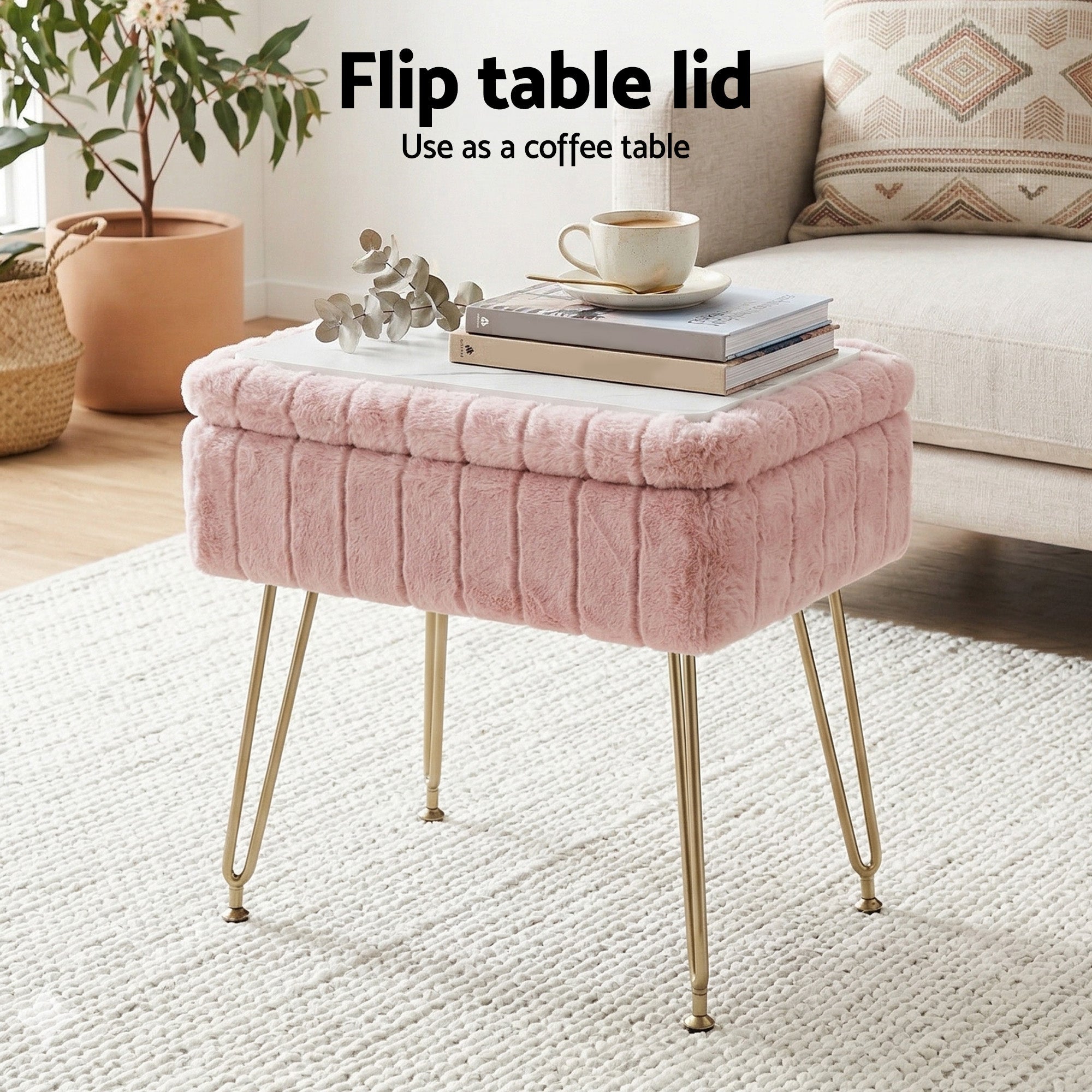 Storage Ottoman Vanity Foot Stool Pink - Furniture > Living Room > Ottomans & Footstools - Rivercity House & Home Co. (ABN 18 642 972 209) - Affordable Modern Furniture Australia