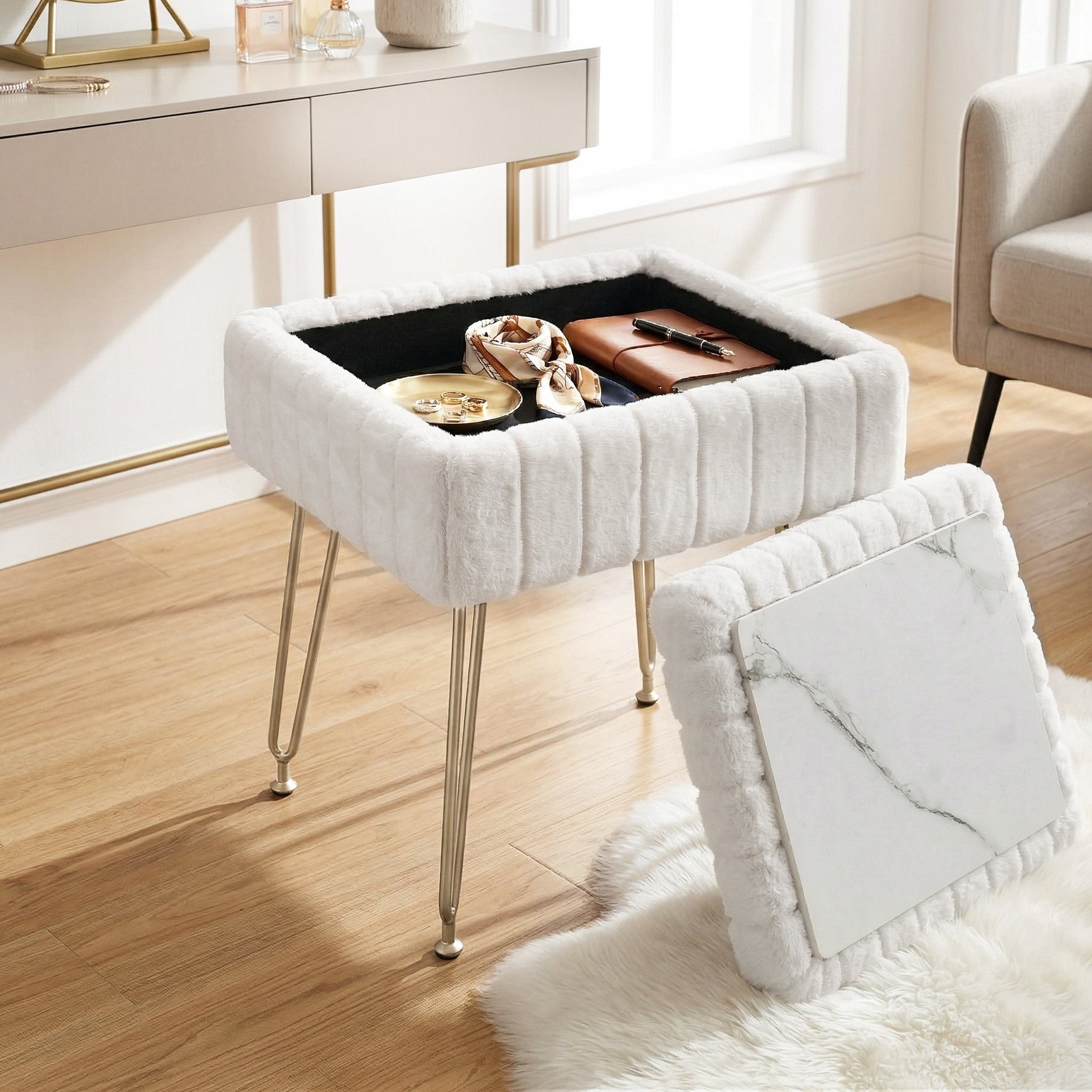Storage Ottoman Vanity Foot Stool White - Furniture > Living Room > Ottomans & Footstools - Rivercity House & Home Co. (ABN 18 642 972 209) - Affordable Modern Furniture Australia