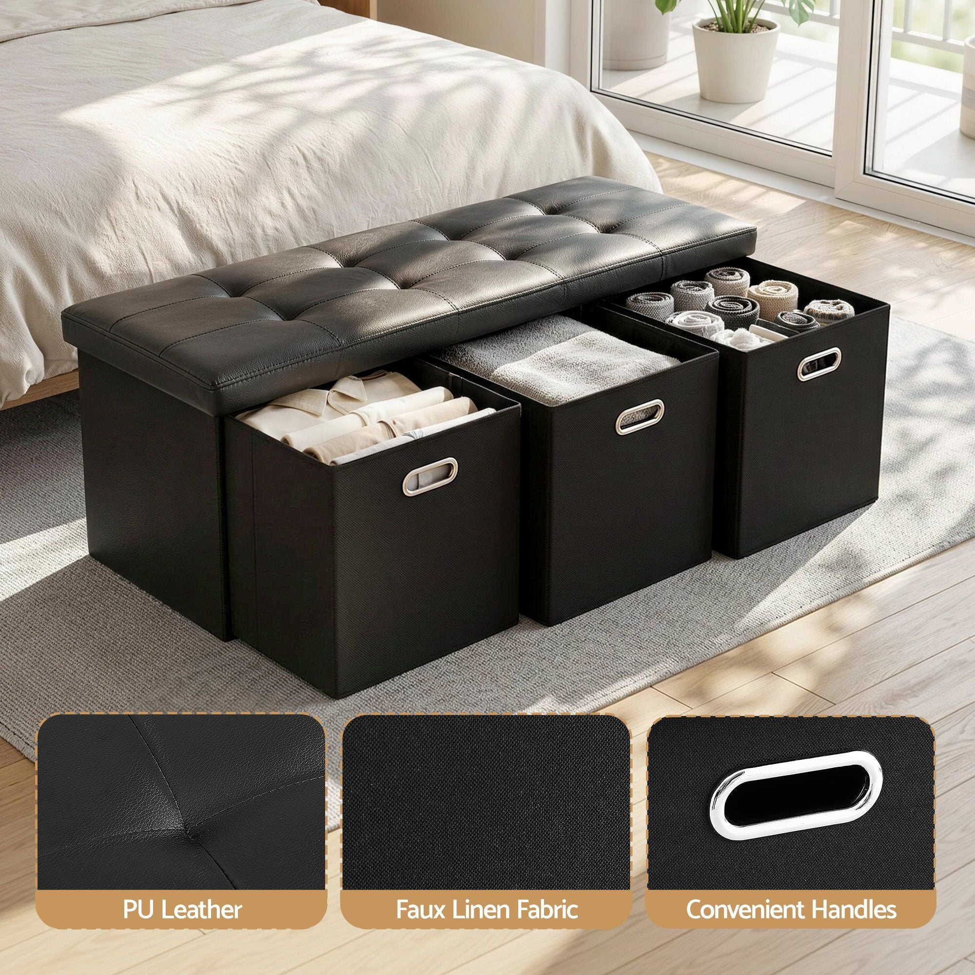Storage Ottoman with 3 Cube Drawers Foot Stool Rest Foldable Black - Furniture > Living Room > Ottomans & Footstools - Rivercity House & Home Co. (ABN 18 642 972 209) - Affordable Modern Furniture Australia
