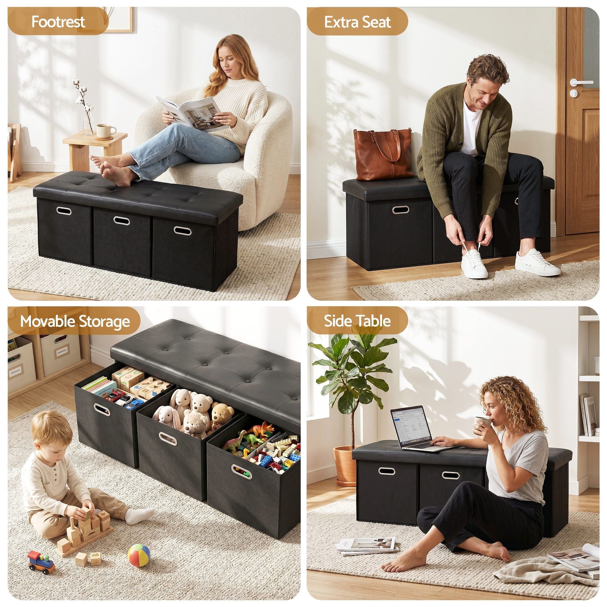 Storage Ottoman with 3 Cube Drawers Foot Stool Rest Foldable Black - Furniture > Living Room > Ottomans & Footstools - Rivercity House & Home Co. (ABN 18 642 972 209) - Affordable Modern Furniture Australia