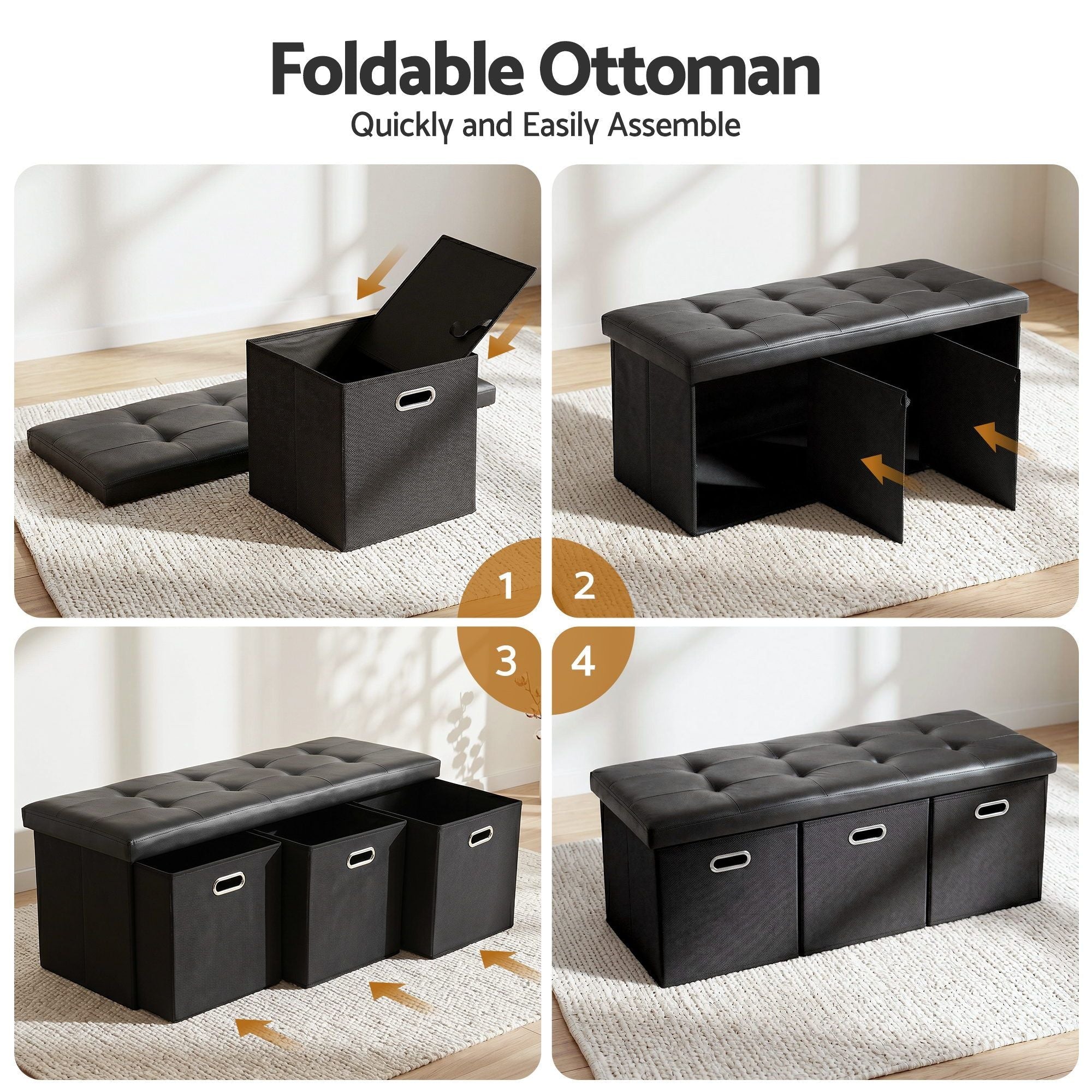 Storage Ottoman with 3 Cube Drawers Foot Stool Rest Foldable Black - Furniture > Living Room > Ottomans & Footstools - Rivercity House & Home Co. (ABN 18 642 972 209) - Affordable Modern Furniture Australia