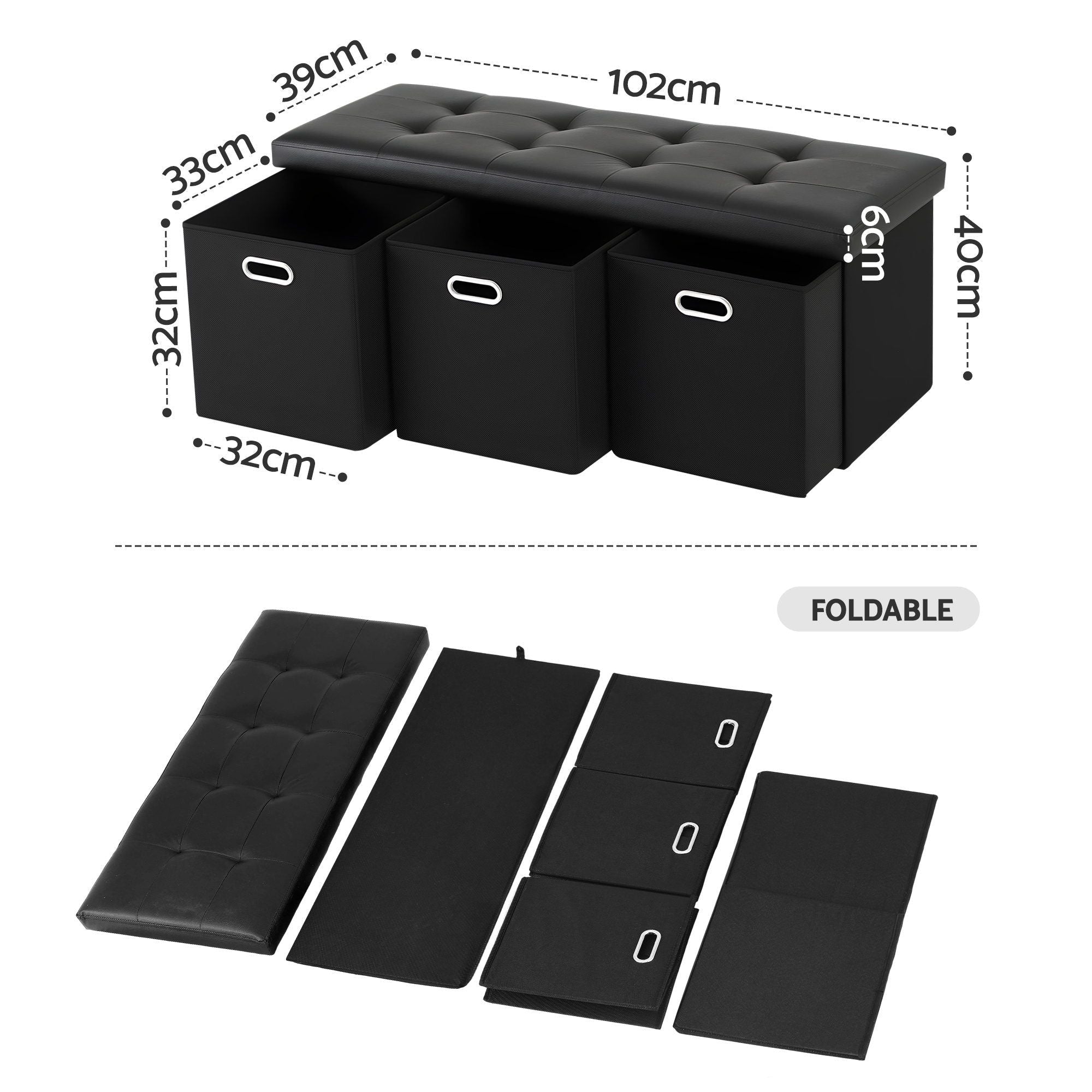 Storage Ottoman with 3 Cube Drawers Foot Stool Rest Foldable Black - Furniture > Living Room > Ottomans & Footstools - Rivercity House & Home Co. (ABN 18 642 972 209) - Affordable Modern Furniture Australia