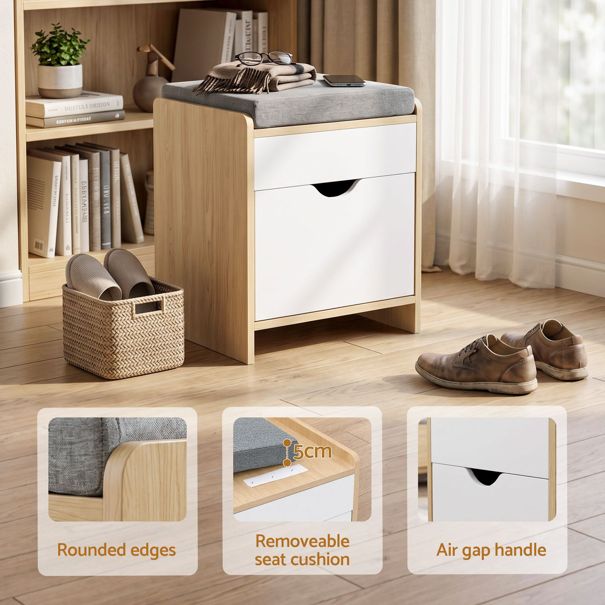 Storage Ottoman with Drawer 100kg Capacity Footrest Cushion - Pine - Furniture > Living Room > Ottomans & Footstools - Rivercity House & Home Co. (ABN 18 642 972 209) - Affordable Modern Furniture Australia