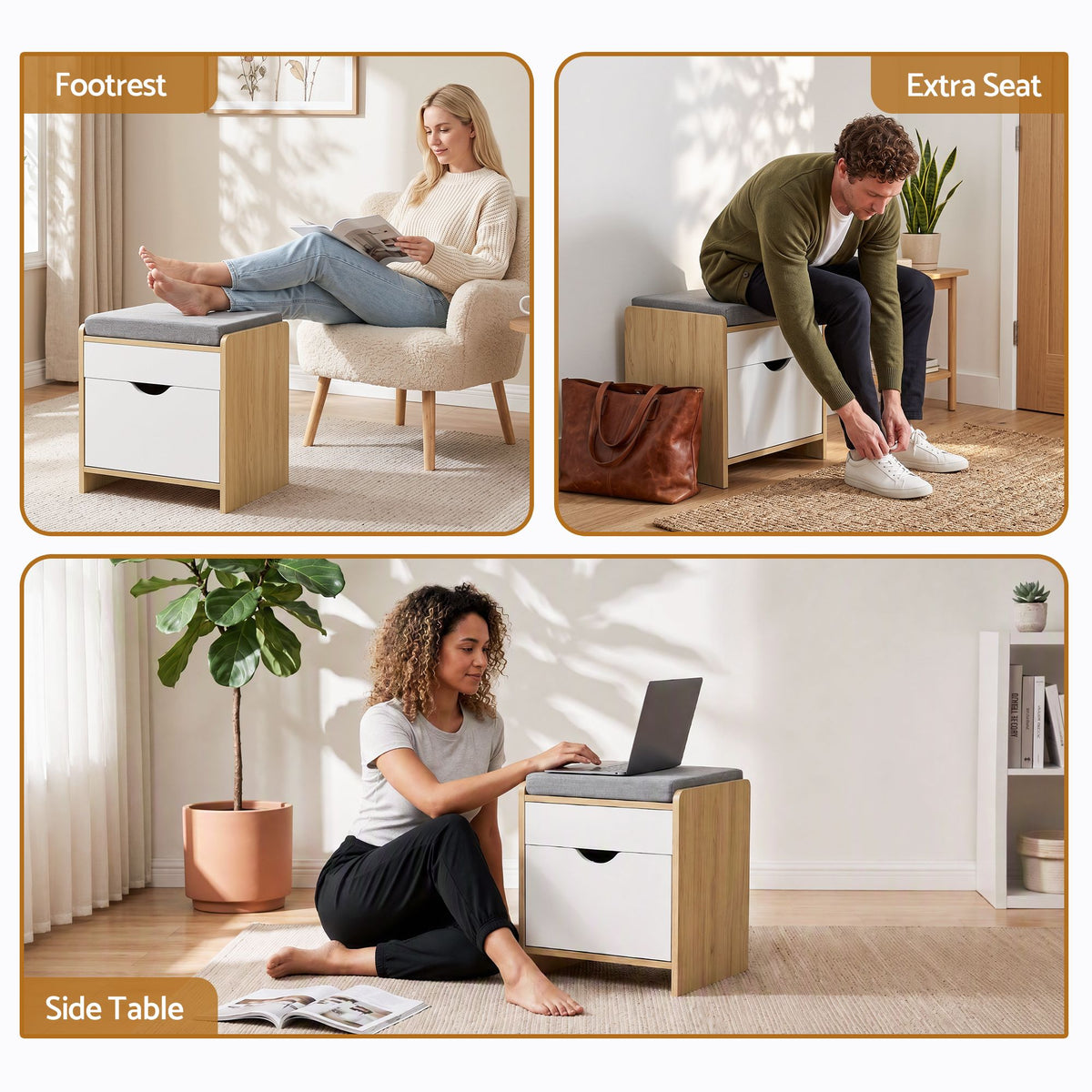 Storage Ottoman with Drawer 100kg Capacity Footrest Cushion - Pine - Furniture > Living Room > Ottomans & Footstools - Rivercity House & Home Co. (ABN 18 642 972 209) - Affordable Modern Furniture Australia