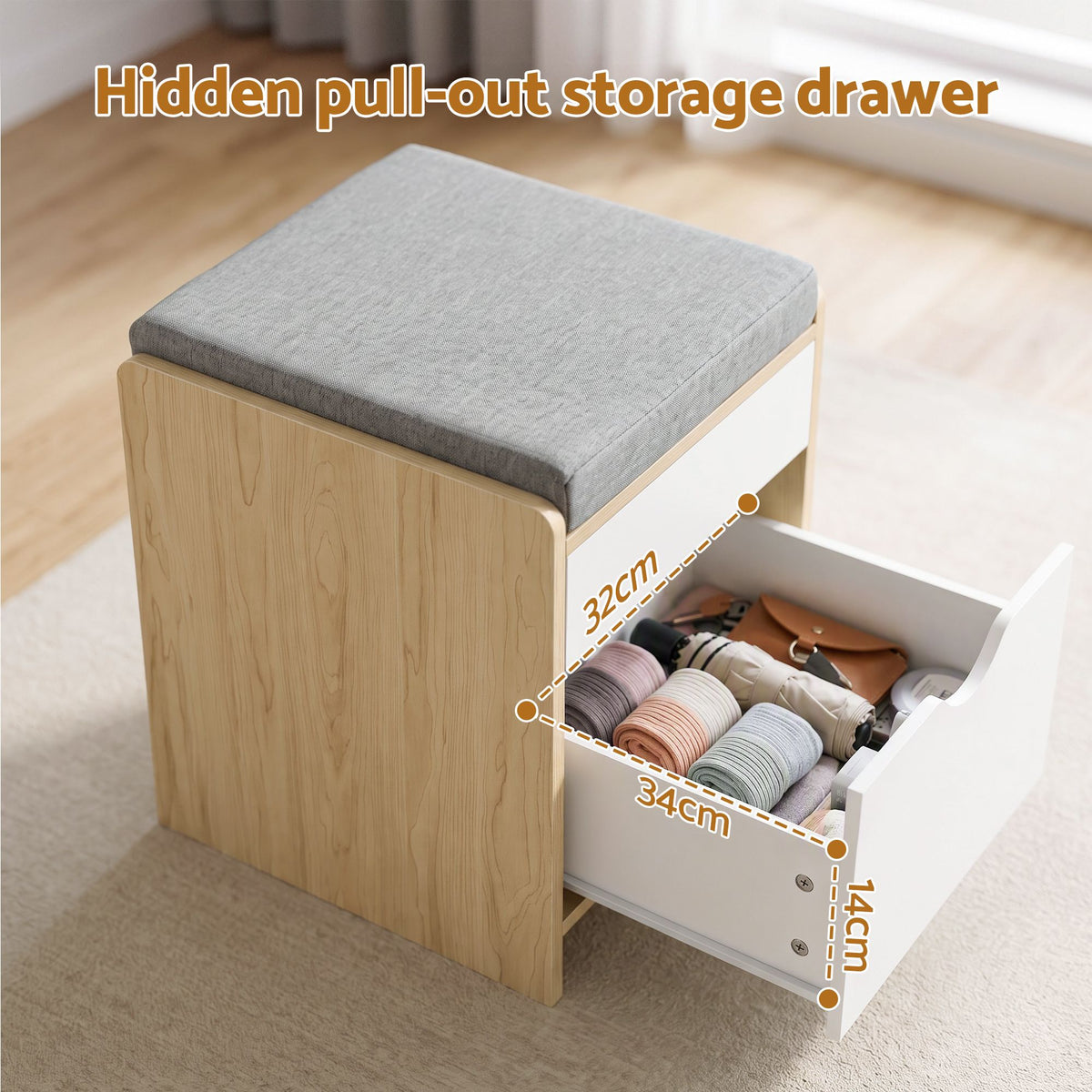 Storage Ottoman with Drawer 100kg Capacity Footrest Cushion - Pine - Furniture > Living Room > Ottomans & Footstools - Rivercity House & Home Co. (ABN 18 642 972 209) - Affordable Modern Furniture Australia