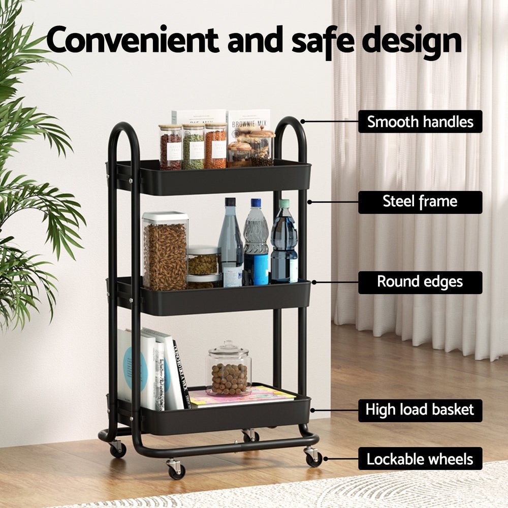 Storage Trolley Kitchen Cart 3 Tiers Rack Shelf Organiser Wheels Black - Home & Garden > Storage - Rivercity House & Home Co. (ABN 18 642 972 209) - Affordable Modern Furniture Australia