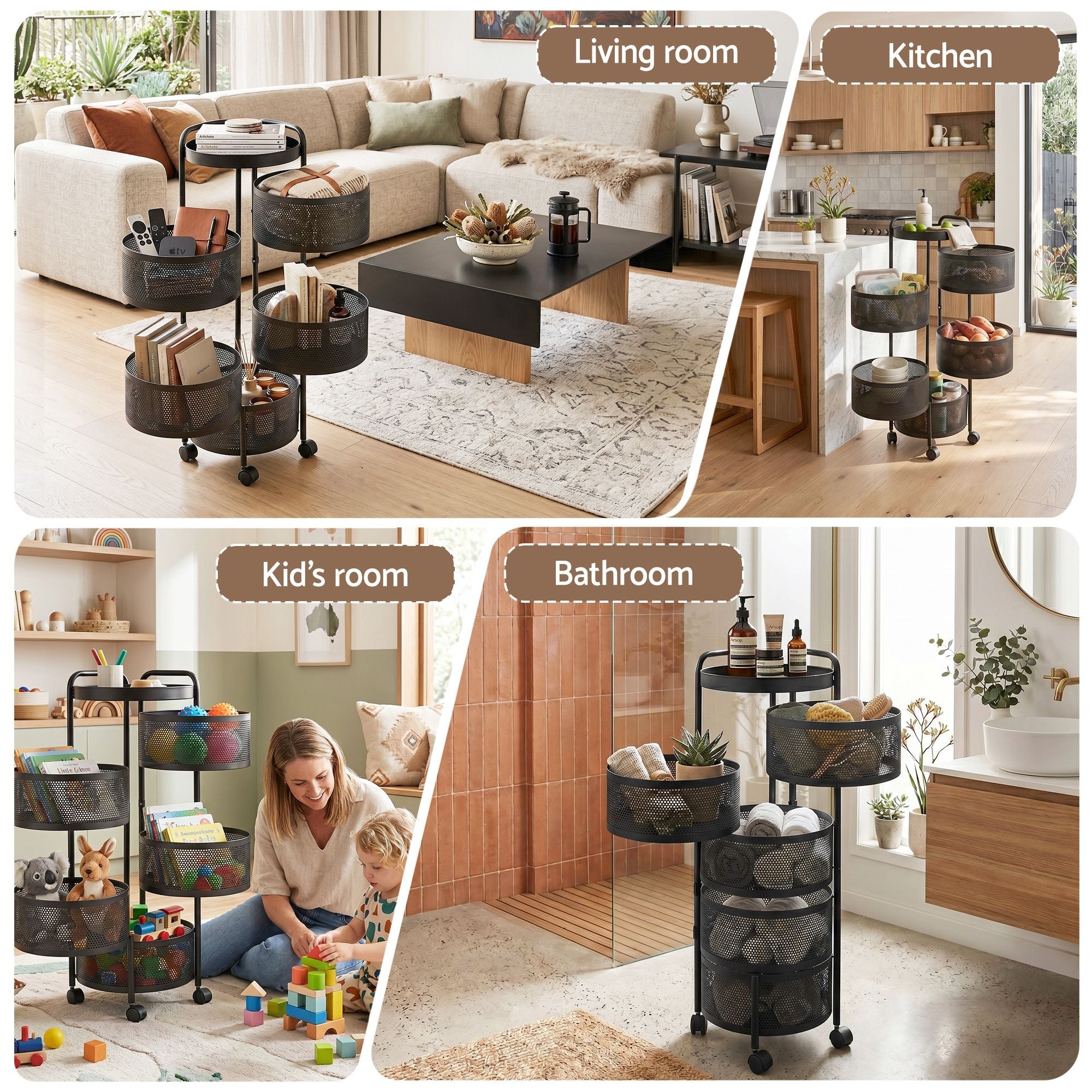 Storage Trolley Kitchen Cart 5 Tiers Storage Rack Round Basket Black - Furniture > Dining > Kitchen & Dining Trolleys - Rivercity House & Home Co. (ABN 18 642 972 209) - Affordable Modern Furniture Australia
