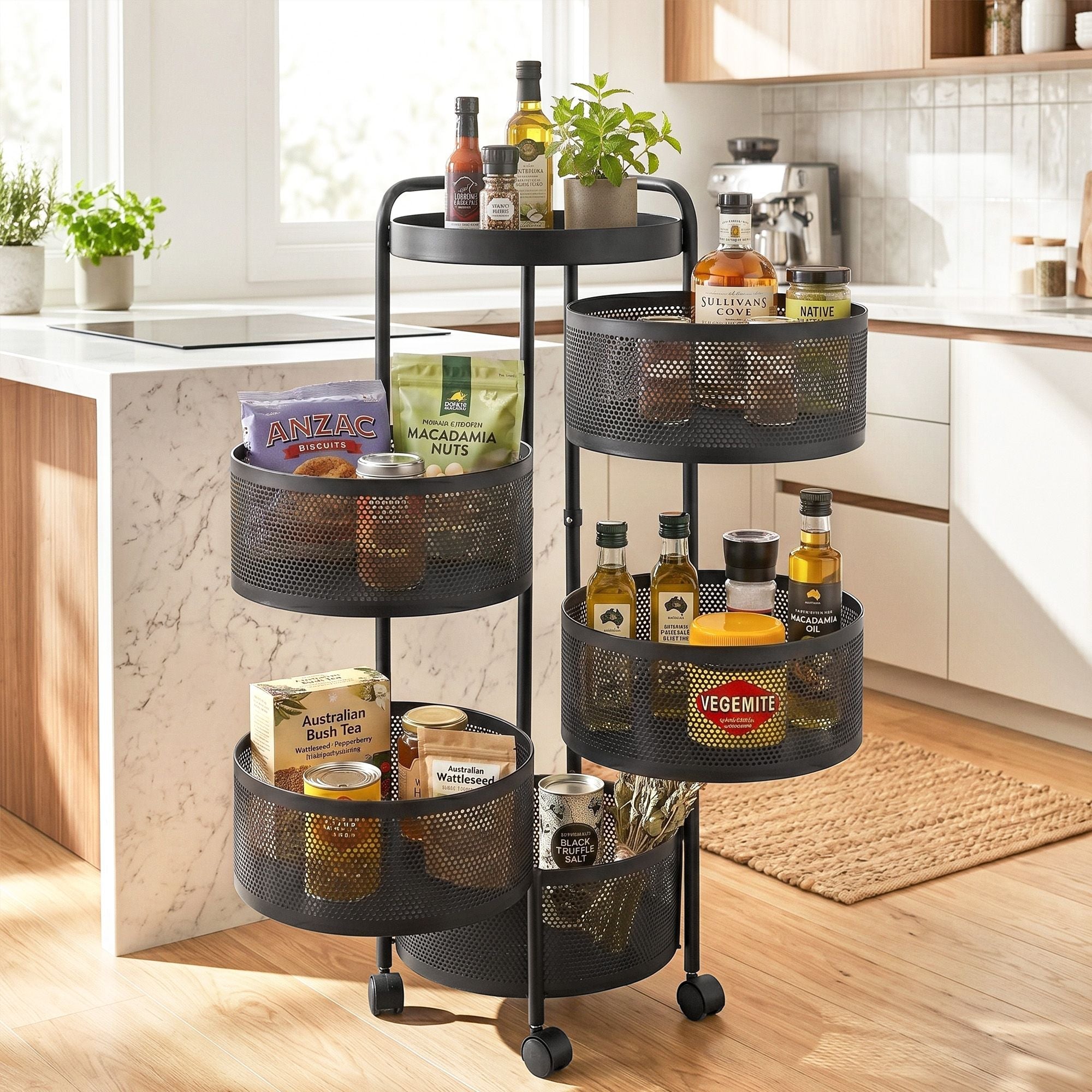 Storage Trolley Kitchen Cart 5 Tiers Storage Rack Round Basket Black - Furniture > Dining > Kitchen & Dining Trolleys - Rivercity House & Home Co. (ABN 18 642 972 209) - Affordable Modern Furniture Australia