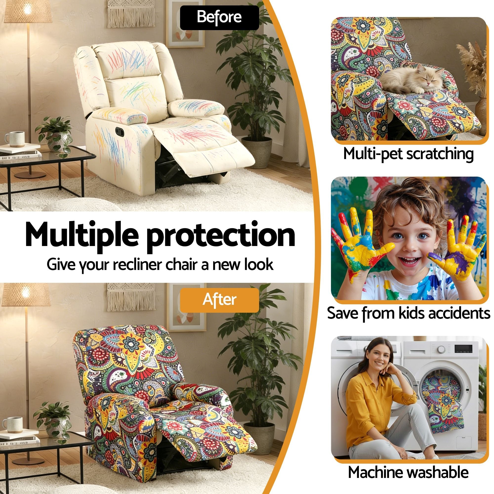 Stretch Kids Recliner Cover 4 - Pieces Recliner Chair Slipcovers Printed Polyester - Furniture > Bar Stools & Chairs > Arm Chairs & Recliners - Rivercity House & Home Co. (ABN 18 642 972 209) - Affordable Modern Furniture Australia