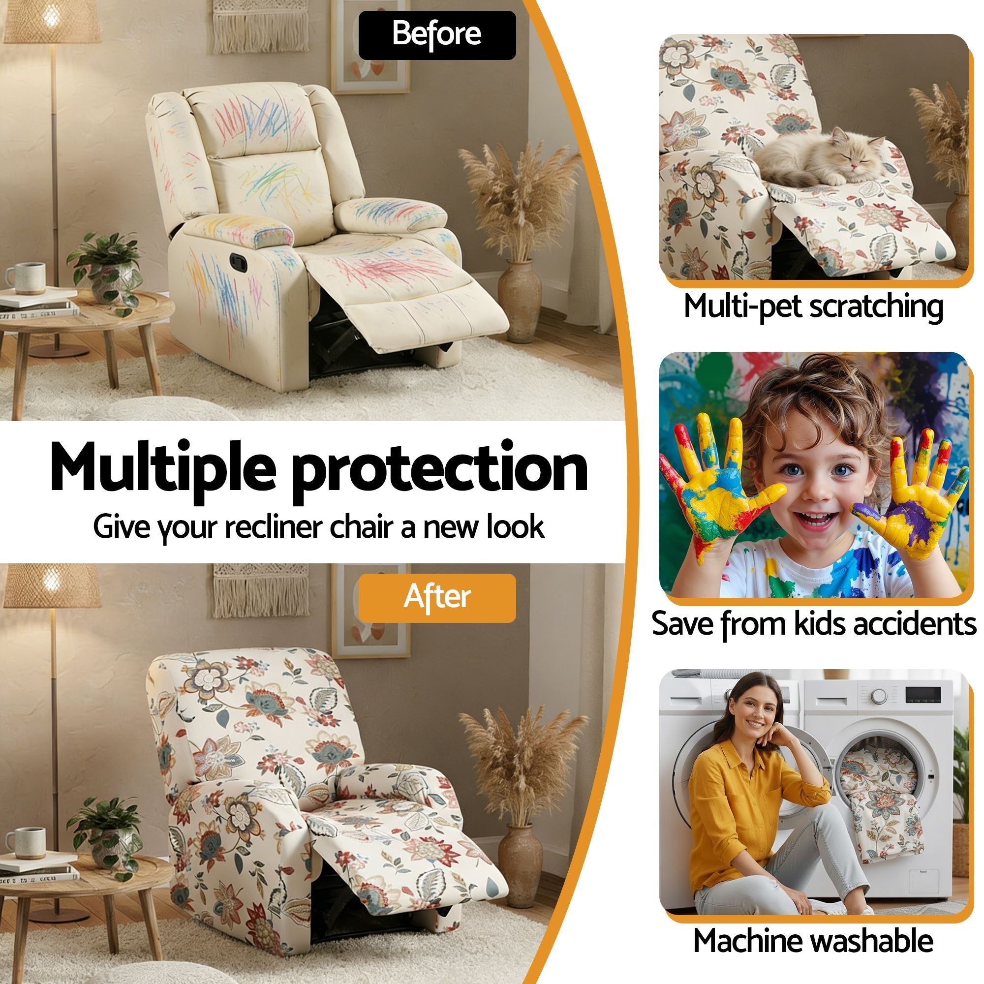 Stretch Kids Recliner Cover 4 - Pieces Recliner Chair Slipcovers Printed Polyester - Furniture > Bar Stools & Chairs > Arm Chairs & Recliners - Rivercity House & Home Co. (ABN 18 642 972 209) - Affordable Modern Furniture Australia