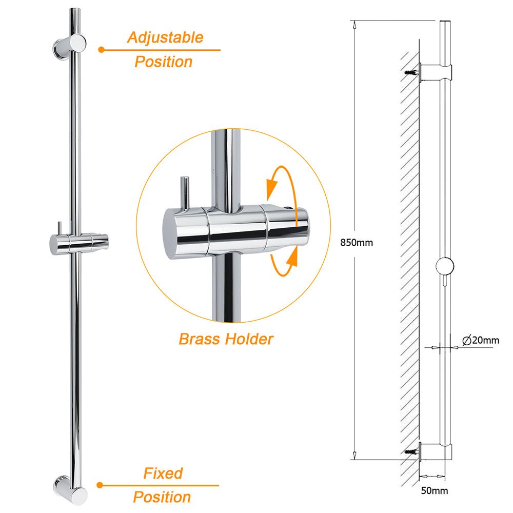 Strong Brass Chrome Round 850mm Long Sliding Rail Bar Holder For Handheld Shower - Furniture > Bathroom > Shower Heads & Screens - Rivercity House & Home Co. (ABN 18 642 972 209) - Affordable Modern Furniture Australia