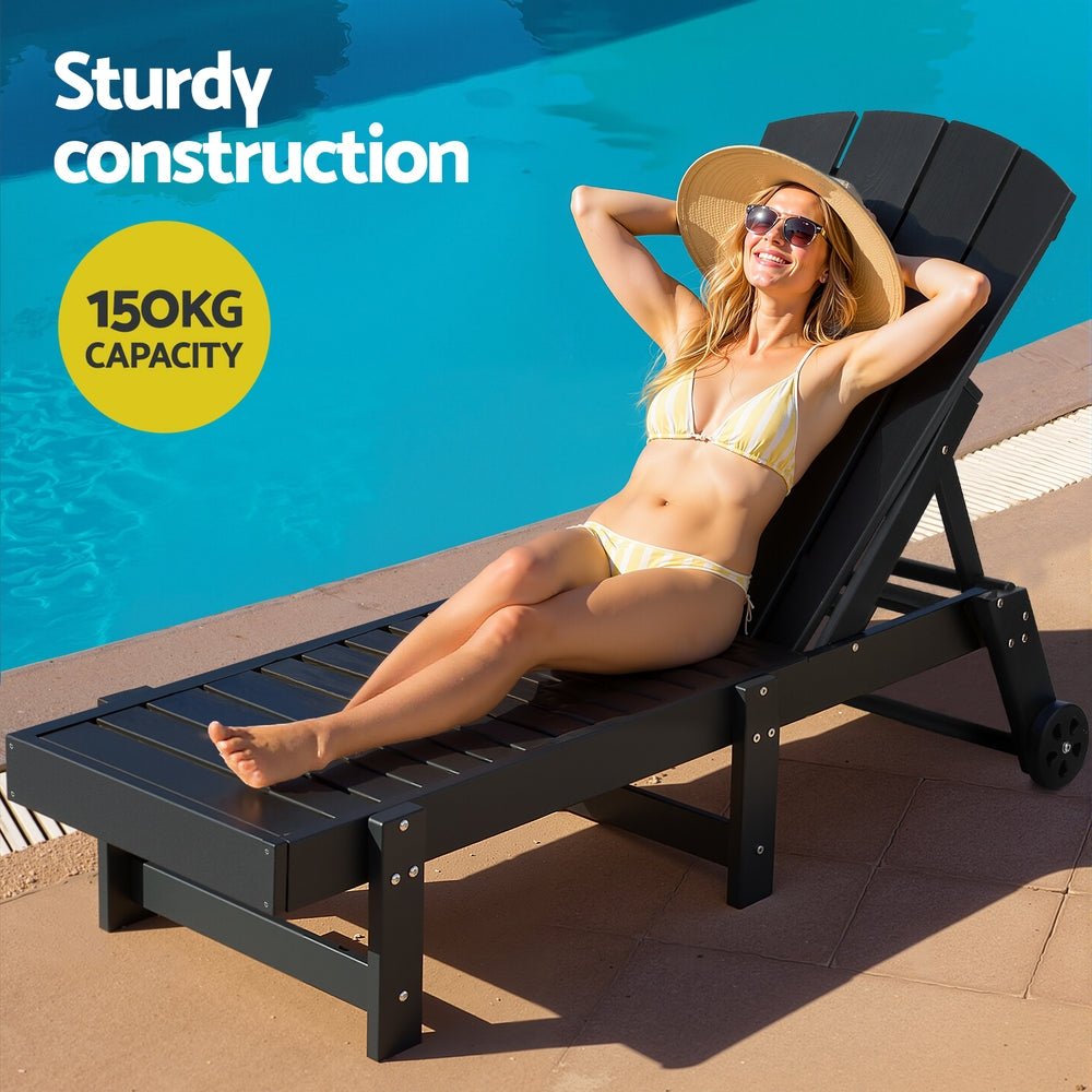 Sun Lounge Beach Chair HDPE Adirondack Lounger Patio Outdoor Furniture with Wheels Black - Furniture > Outdoor > Outdoor Tables - Rivercity House & Home Co. (ABN 18 642 972 209) - Affordable Modern Furniture Australia