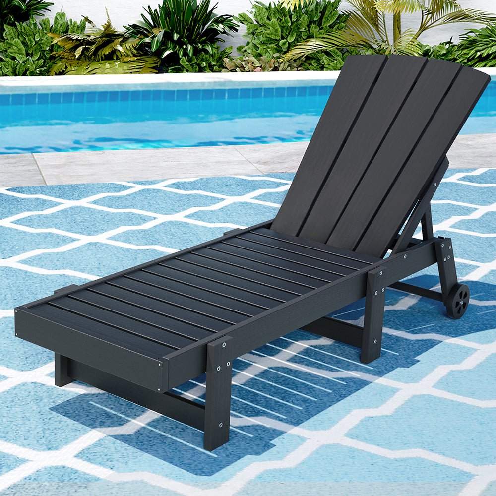 Sun Lounge Beach Chair HDPE Adirondack Lounger Patio Outdoor Furniture with Wheels Black - Furniture > Outdoor > Outdoor Tables - Rivercity House & Home Co. (ABN 18 642 972 209) - Affordable Modern Furniture Australia