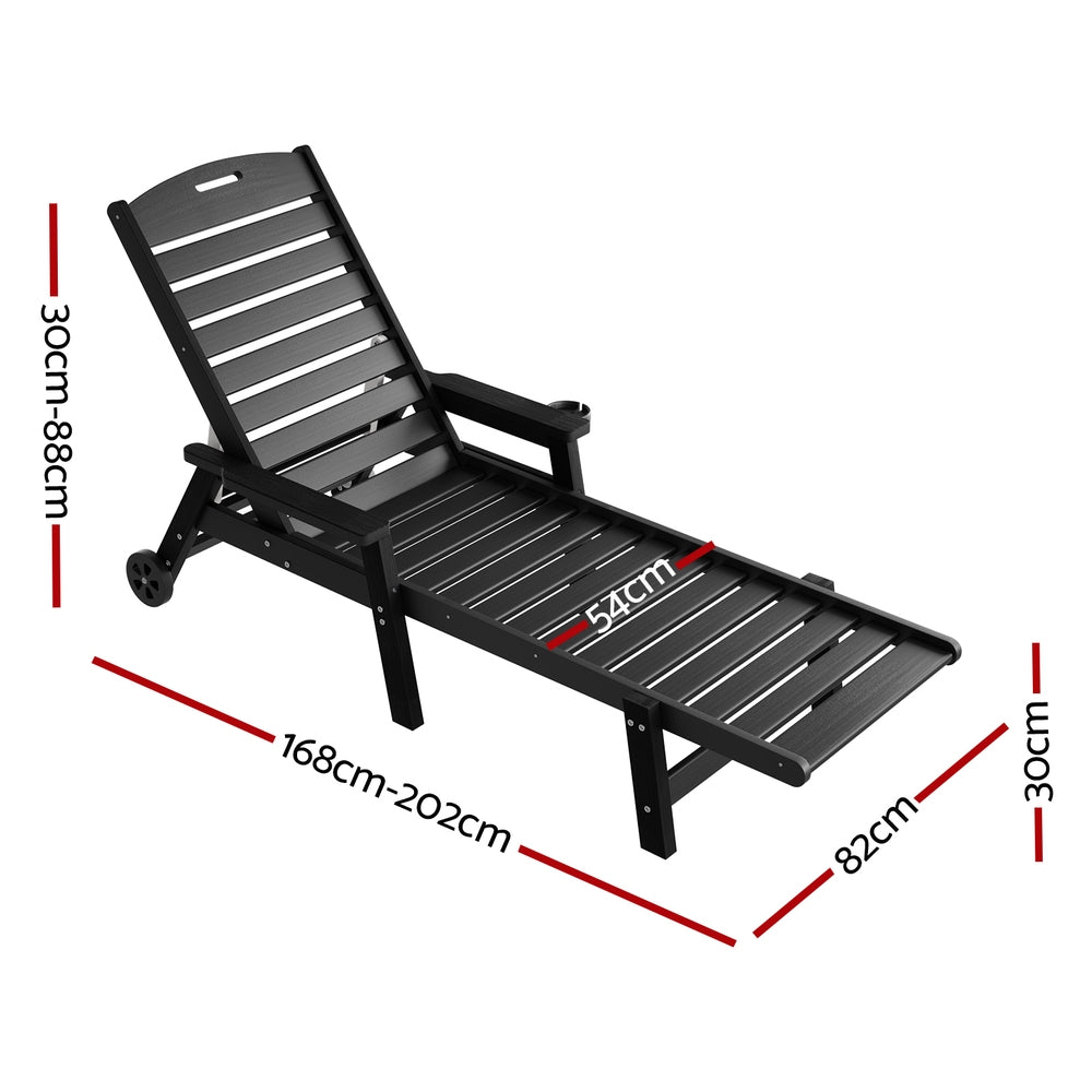 Sun Lounge Lounger Beach Chair HDPE Patio Outdoor Furniture with Wheels Black - Furniture > Outdoor > Outdoor Chairs - Rivercity House & Home Co. (ABN 18 642 972 209) - Affordable Modern Furniture Australia