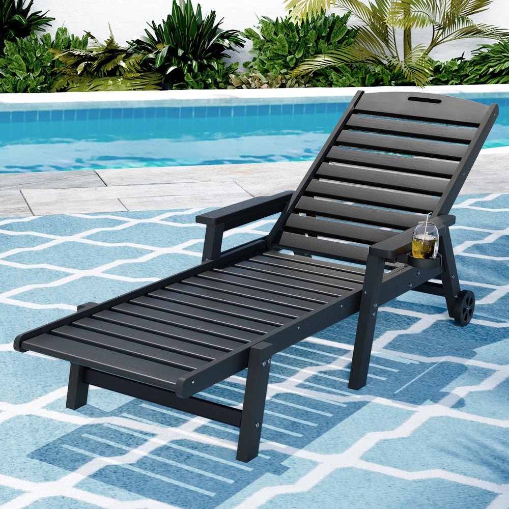 Sun Lounge Lounger Beach Chair HDPE Patio Outdoor Furniture with Wheels Black - Furniture > Outdoor > Outdoor Chairs - Rivercity House & Home Co. (ABN 18 642 972 209) - Affordable Modern Furniture Australia