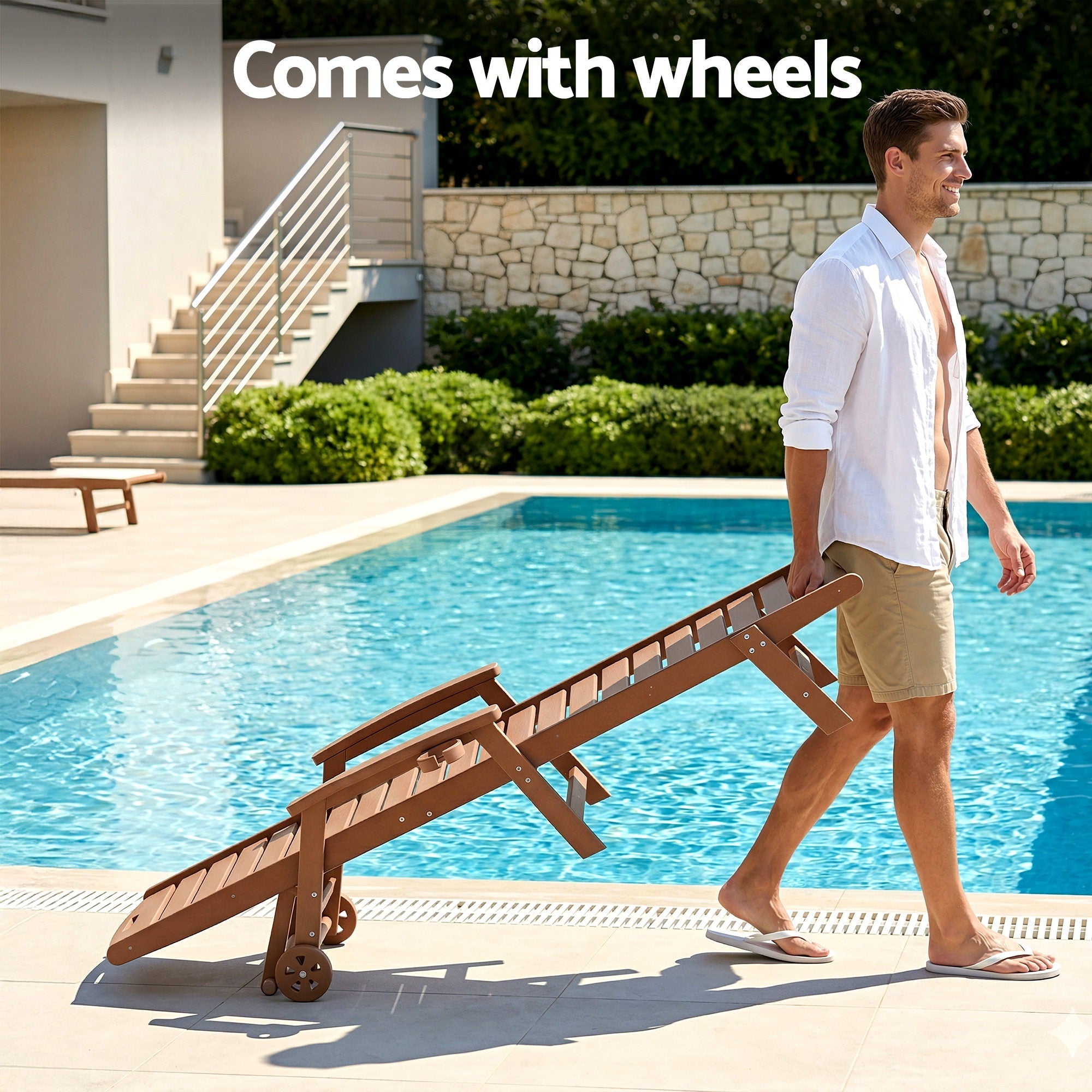 Sun Lounge Lounger Beach Chair HDPE Patio Outdoor Furniture with Wheels Brown - Furniture > Outdoor > Outdoor Chairs - Rivercity House & Home Co. (ABN 18 642 972 209) - Affordable Modern Furniture Australia