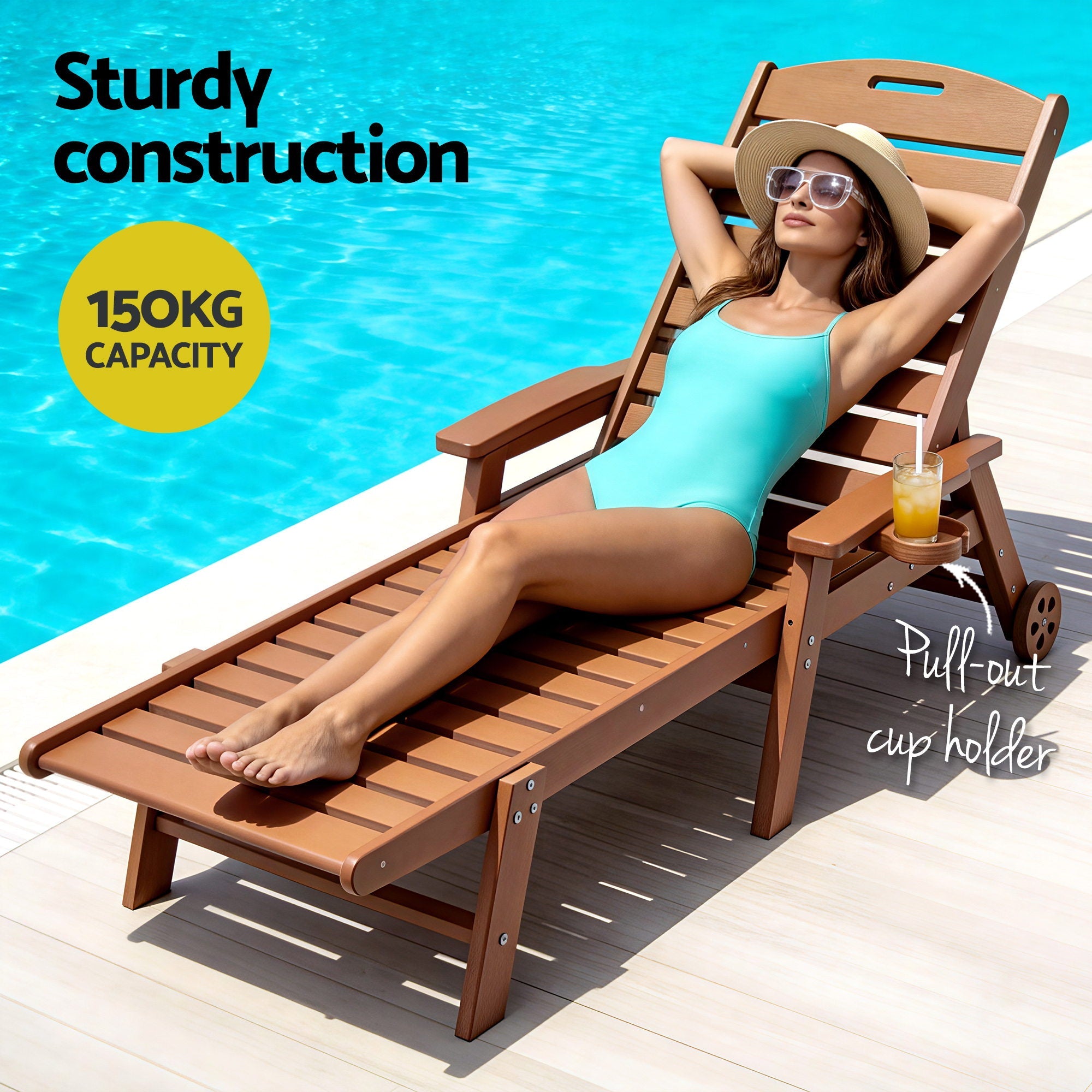 Sun Lounge Lounger Beach Chair HDPE Patio Outdoor Furniture with Wheels Brown - Furniture > Outdoor > Outdoor Chairs - Rivercity House & Home Co. (ABN 18 642 972 209) - Affordable Modern Furniture Australia