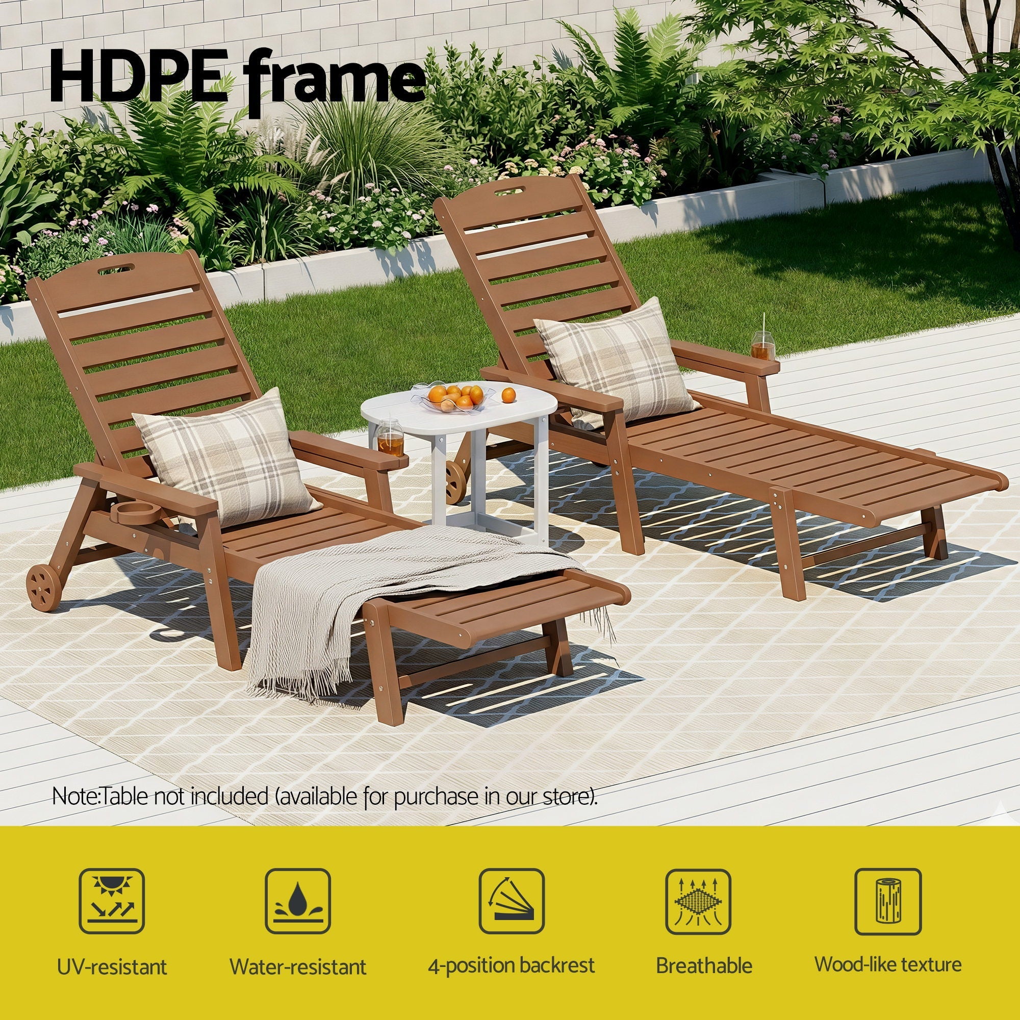 Sun Lounge Lounger Beach Chair HDPE Patio Outdoor Furniture with Wheels Brown - Furniture > Outdoor > Outdoor Chairs - Rivercity House & Home Co. (ABN 18 642 972 209) - Affordable Modern Furniture Australia