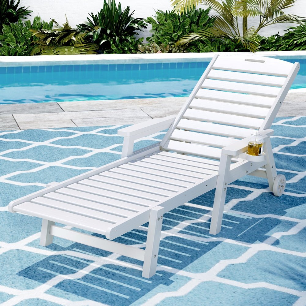 Sun Lounge Lounger Beach Chair HDPE Patio Outdoor Furniture with Wheels White - Furniture > Outdoor > Outdoor Chairs - Rivercity House & Home Co. (ABN 18 642 972 209) - Affordable Modern Furniture Australia