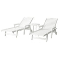Sun Lounge Set 2 Adjustable Chaise Loungers with Side Table Outdoor Patio Furniture with Wheels - White