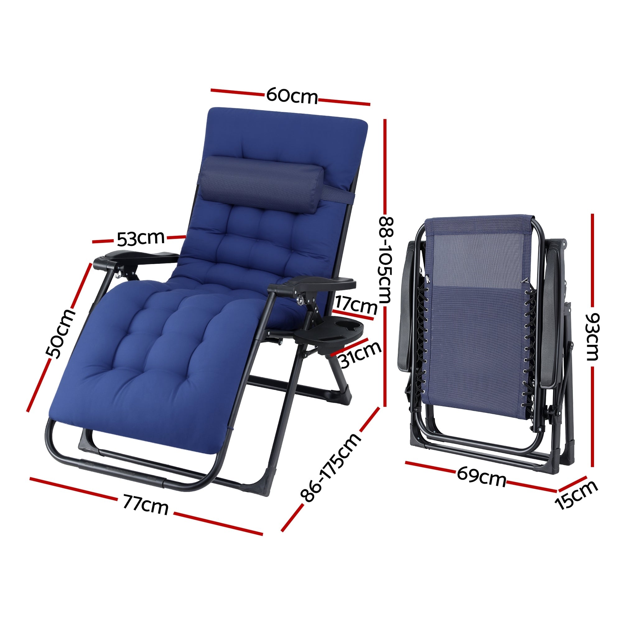 Sun Lounge Lounger Folding Camping Zero Gravity Chair Outdoor Furniture XL Blue - Furniture > Outdoor > Outdoor Chairs - Rivercity House & Home Co. (ABN 18 642 972 209) - Affordable Modern Furniture Australia
