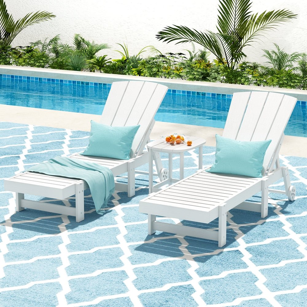 Sun Lounge Lounger Table and Chairs Beach Chair Adirondack HDPE Patio Outdoor Furniture Wheels White - Furniture > Outdoor > Outdoor Chairs - Rivercity House & Home Co. (ABN 18 642 972 209) - Affordable Modern Furniture Australia