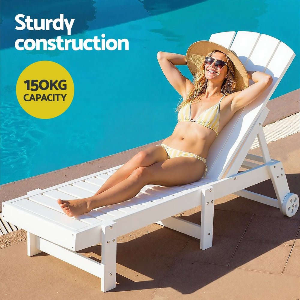 Sun Lounge Lounger Table and Chairs Beach Chair Adirondack HDPE Patio Outdoor Furniture Wheels White - Furniture > Outdoor > Outdoor Chairs - Rivercity House & Home Co. (ABN 18 642 972 209) - Affordable Modern Furniture Australia