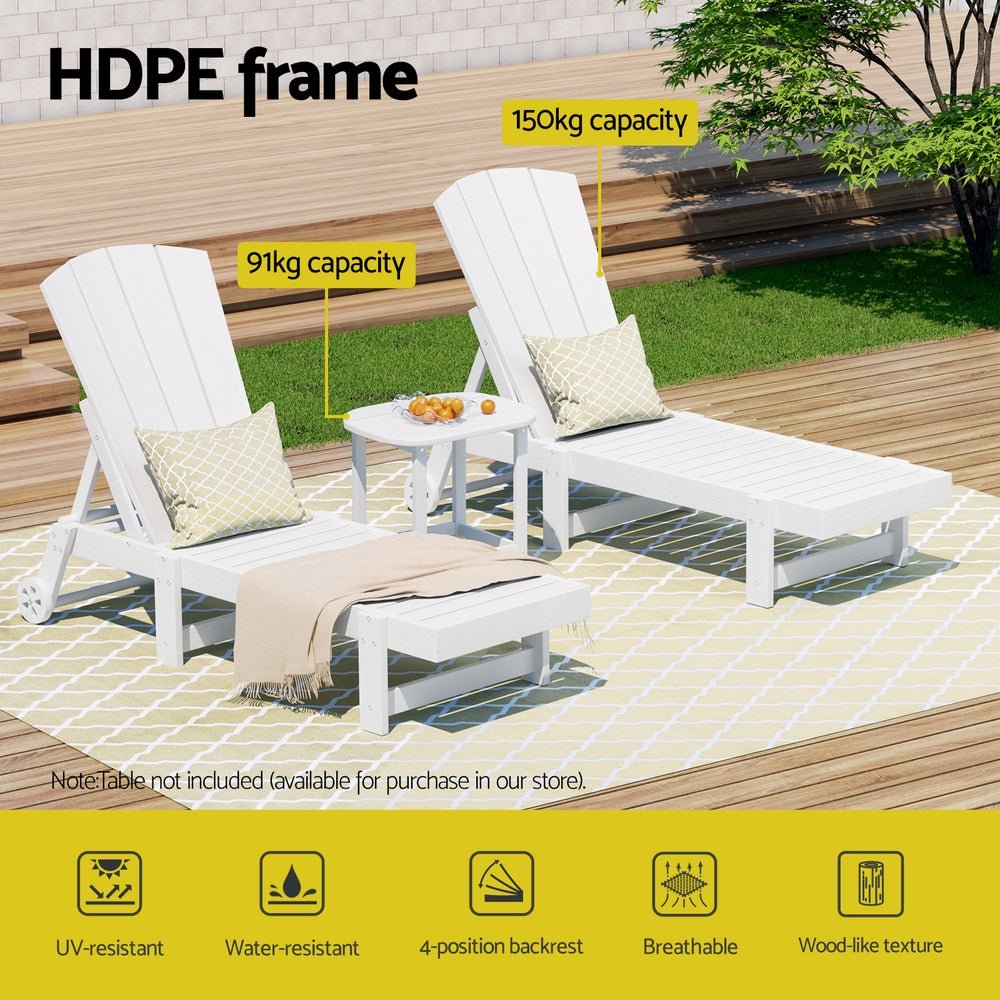 Sun Lounge Lounger Table and Chairs Beach Chair Adirondack HDPE Patio Outdoor Furniture Wheels White - Furniture > Outdoor > Outdoor Chairs - Rivercity House & Home Co. (ABN 18 642 972 209) - Affordable Modern Furniture Australia