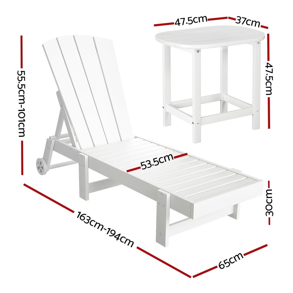 Sun Lounge Lounger Table and Chairs Beach Chair Adirondack HDPE Patio Outdoor Furniture Wheels White - Furniture > Outdoor > Outdoor Chairs - Rivercity House & Home Co. (ABN 18 642 972 209) - Affordable Modern Furniture Australia
