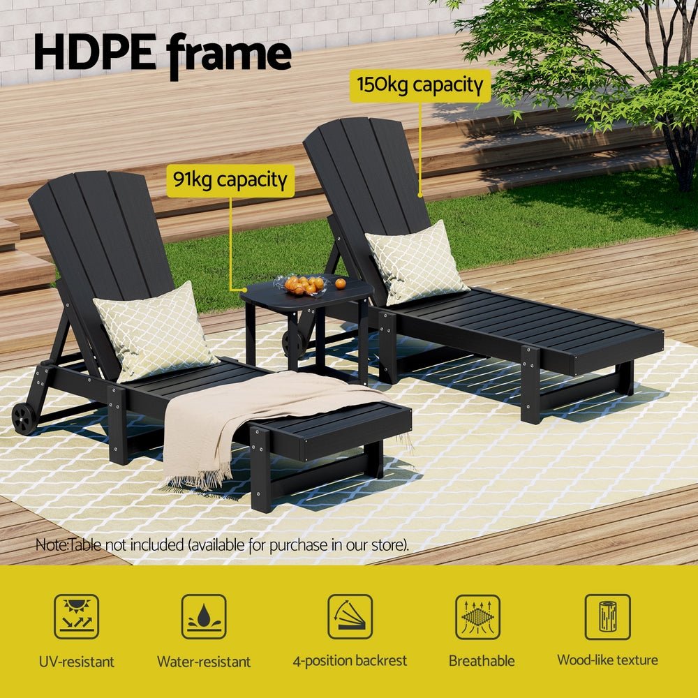 Sun Lounge Lounger Table and Chairs Beach Chair HDPE Patio Outdoor Furniture Wheels Black - Furniture > Outdoor > Outdoor Chairs - Rivercity House & Home Co. (ABN 18 642 972 209) - Affordable Modern Furniture Australia