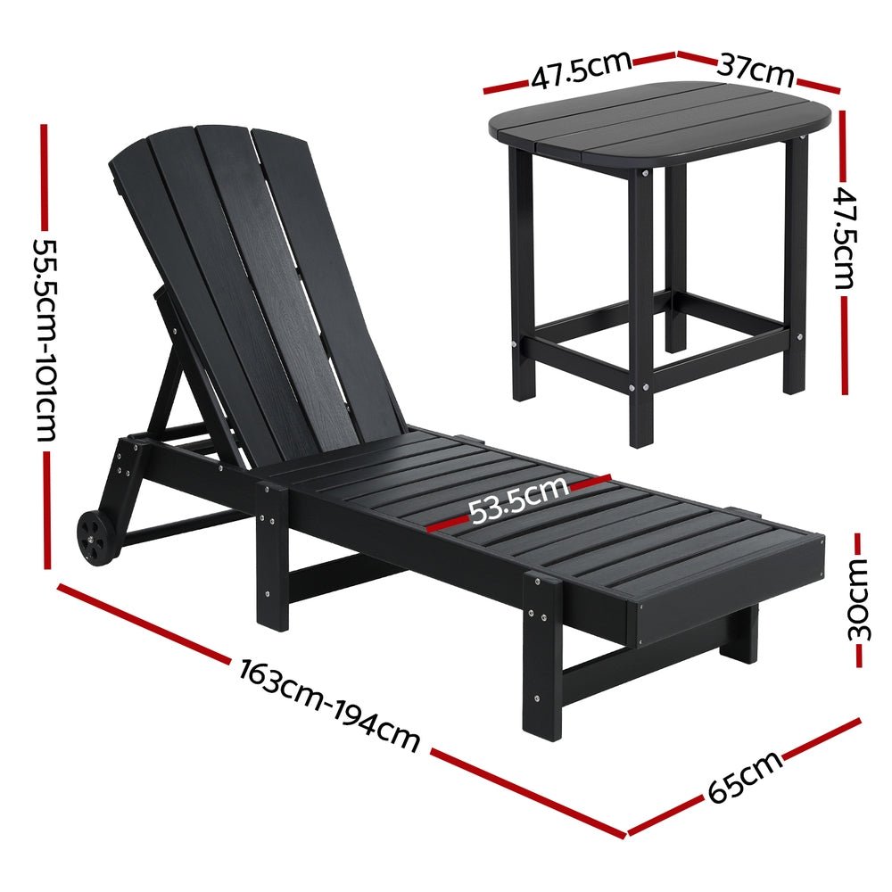 Sun Lounge Lounger Table and Chairs Beach Chair HDPE Patio Outdoor Furniture Wheels Black - Furniture > Outdoor > Outdoor Chairs - Rivercity House & Home Co. (ABN 18 642 972 209) - Affordable Modern Furniture Australia