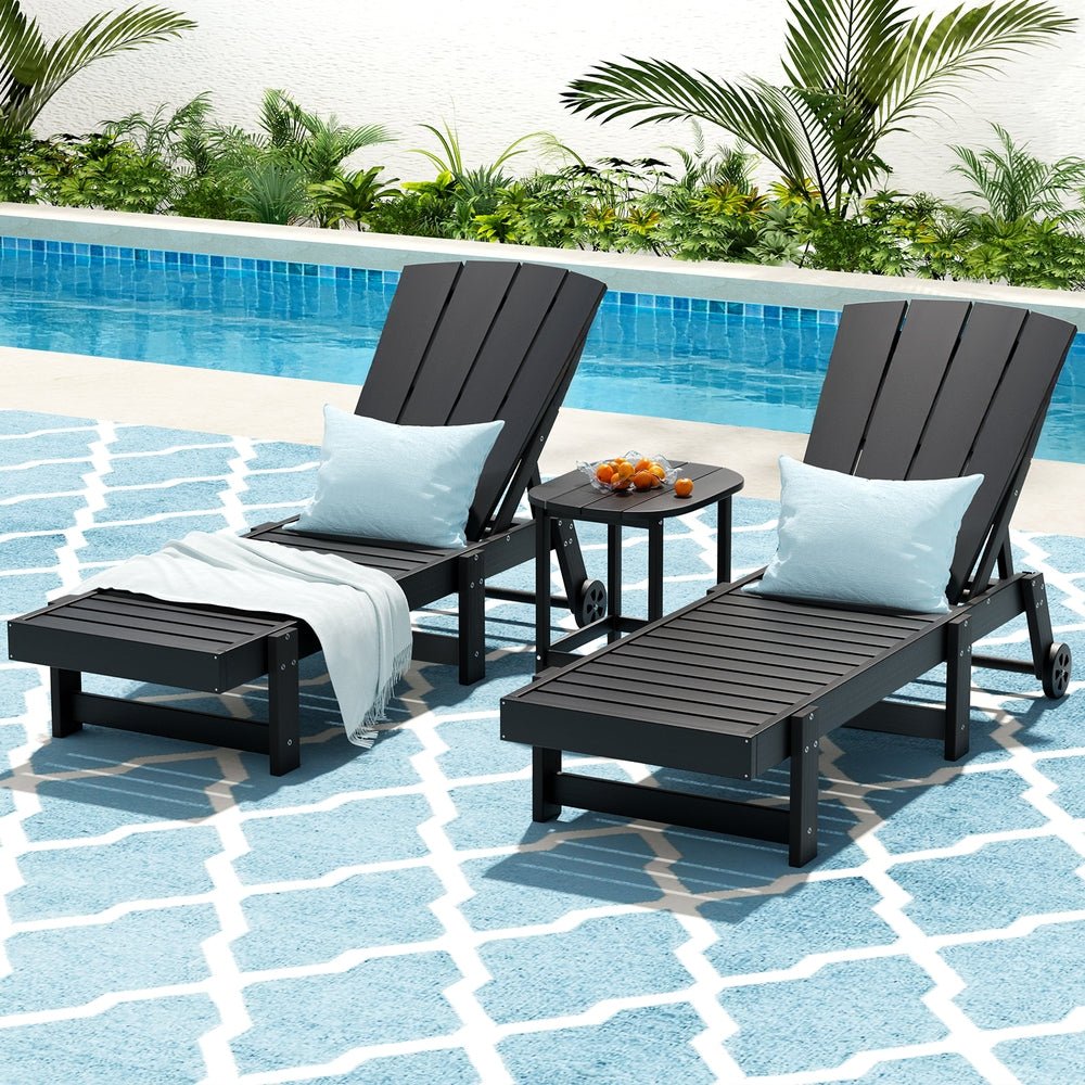 Sun Lounge Lounger Table and Chairs Beach Chair HDPE Patio Outdoor Furniture Wheels Black - Furniture > Outdoor > Outdoor Chairs - Rivercity House & Home Co. (ABN 18 642 972 209) - Affordable Modern Furniture Australia