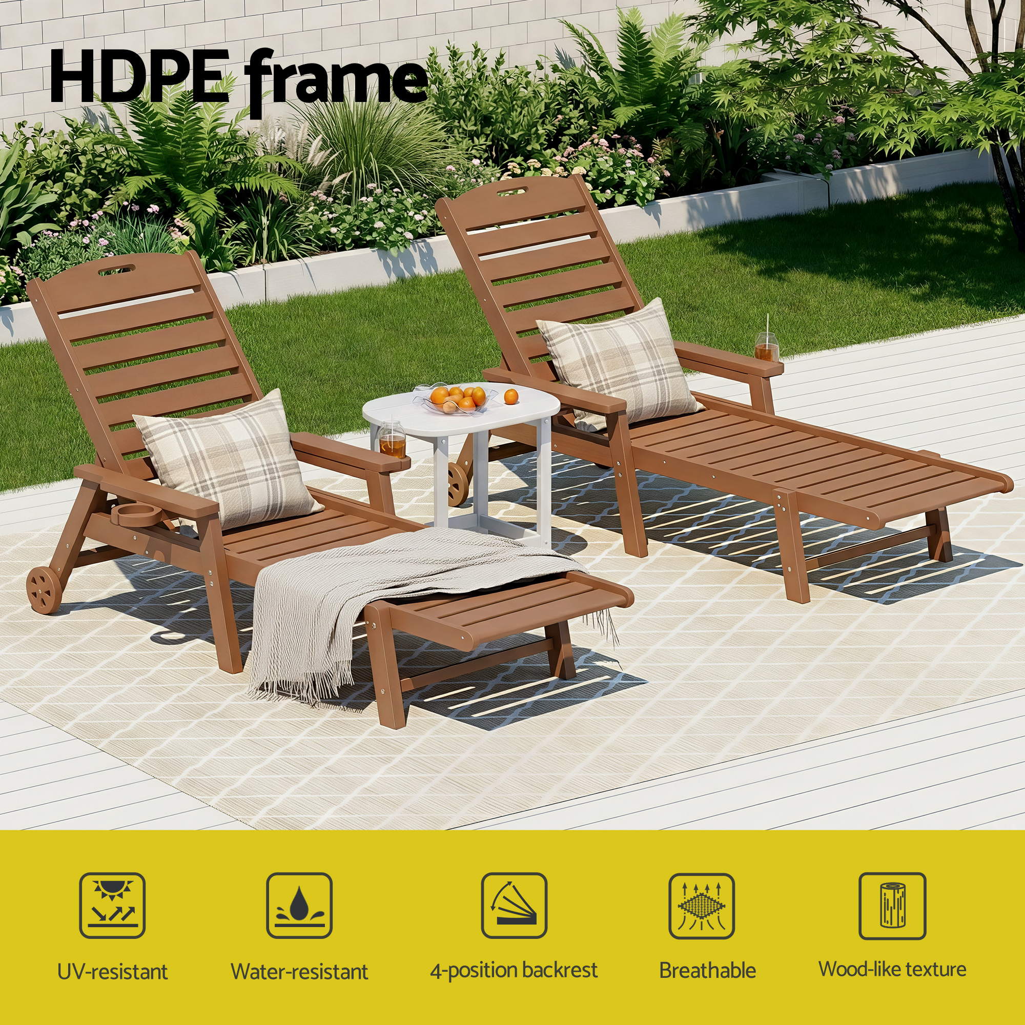Sun Lounge Lounger Table and Chairs Beach Chair HDPE Patio Outdoor Furniture Wheels Brown - Furniture > Outdoor > Outdoor Chairs - Rivercity House & Home Co. (ABN 18 642 972 209) - Affordable Modern Furniture Australia