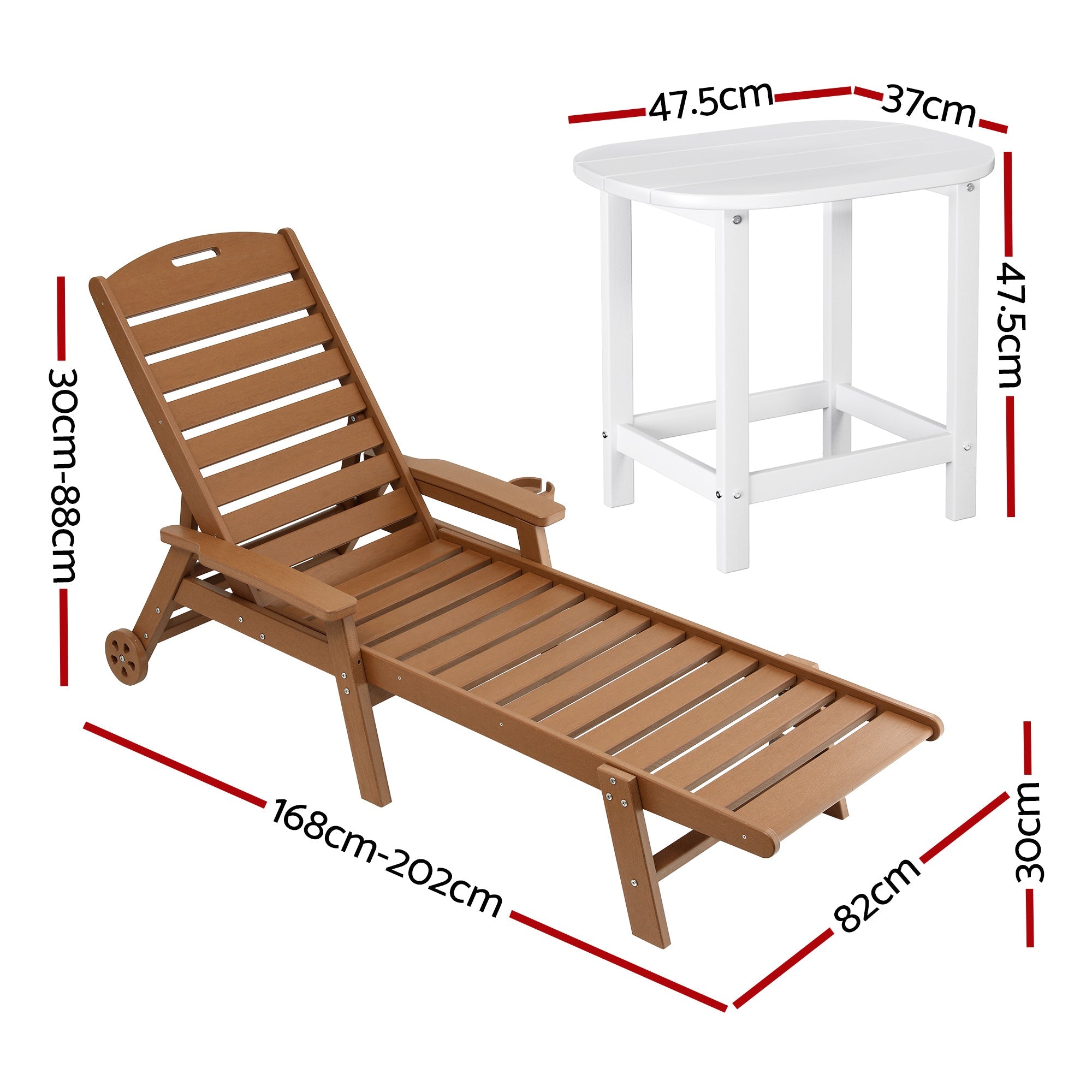Sun Lounge Lounger Table and Chairs Beach Chair HDPE Patio Outdoor Furniture Wheels Brown - Furniture > Outdoor > Outdoor Chairs - Rivercity House & Home Co. (ABN 18 642 972 209) - Affordable Modern Furniture Australia