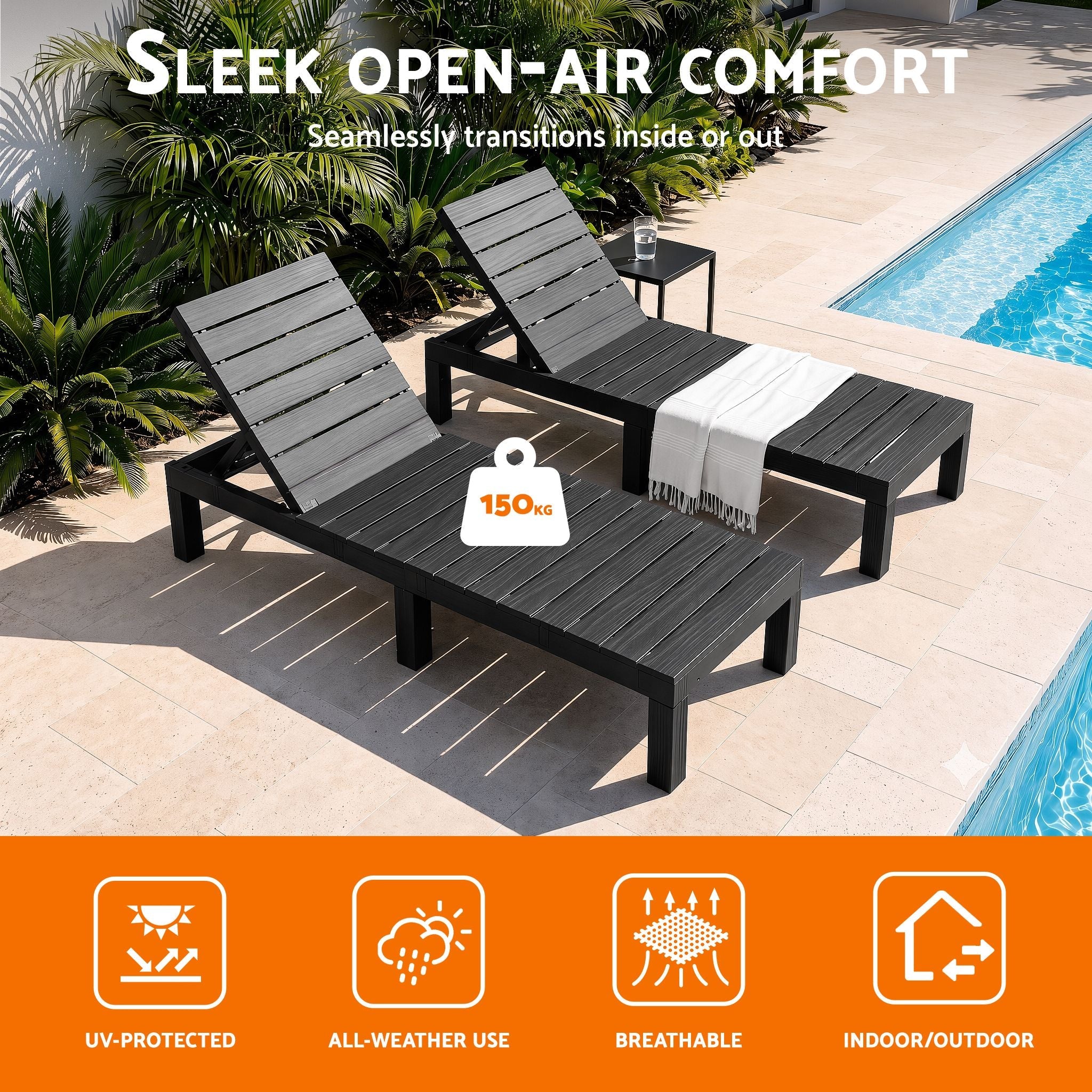 Sun Lounge Outdoor Folding Recliner Patio Pool Beach Chair Slatted Black - Home & Garden > Bedding > Bed Sheets - Rivercity House & Home Co. (ABN 18 642 972 209) - Affordable Modern Furniture Australia