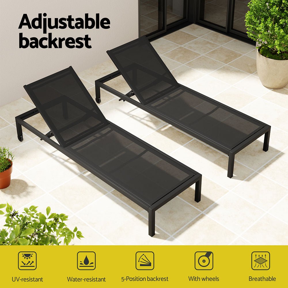 Sun Lounge Outdoor Lounger Aluminium Folding Beach Chair Wheels Black - Furniture > Outdoor - Rivercity House & Home Co. (ABN 18 642 972 209) - Affordable Modern Furniture Australia