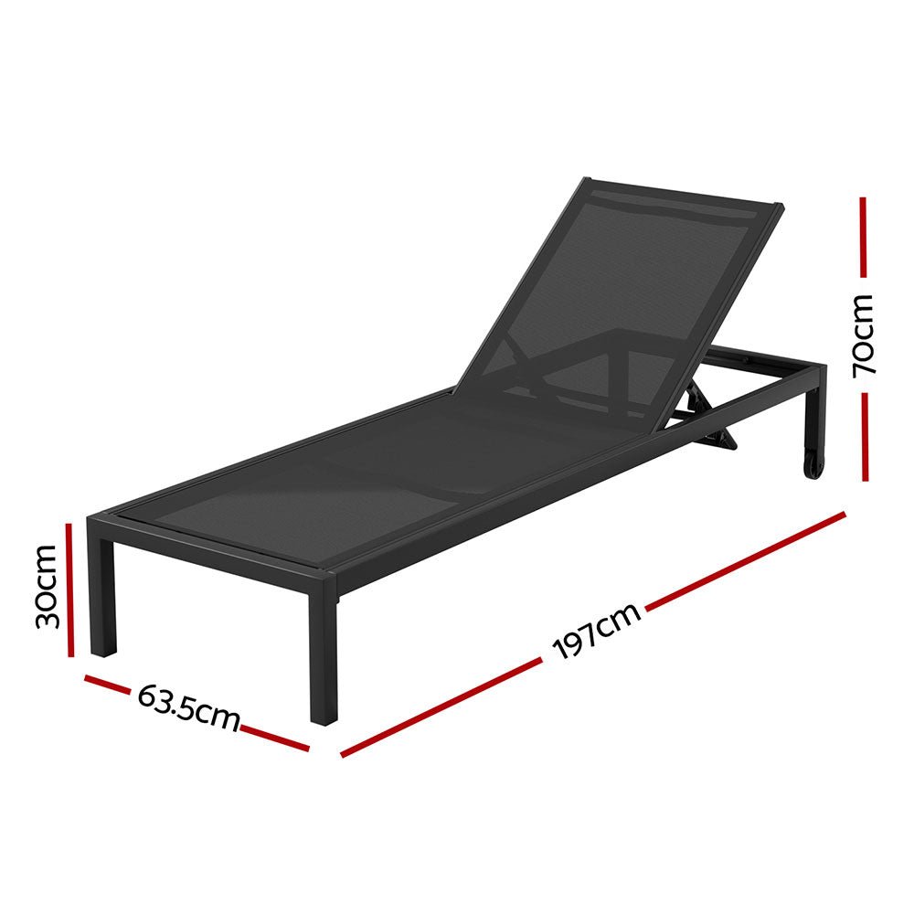 Sun Lounge Outdoor Lounger Aluminium Folding Beach Chair Wheels Black - Furniture > Outdoor - Rivercity House & Home Co. (ABN 18 642 972 209) - Affordable Modern Furniture Australia
