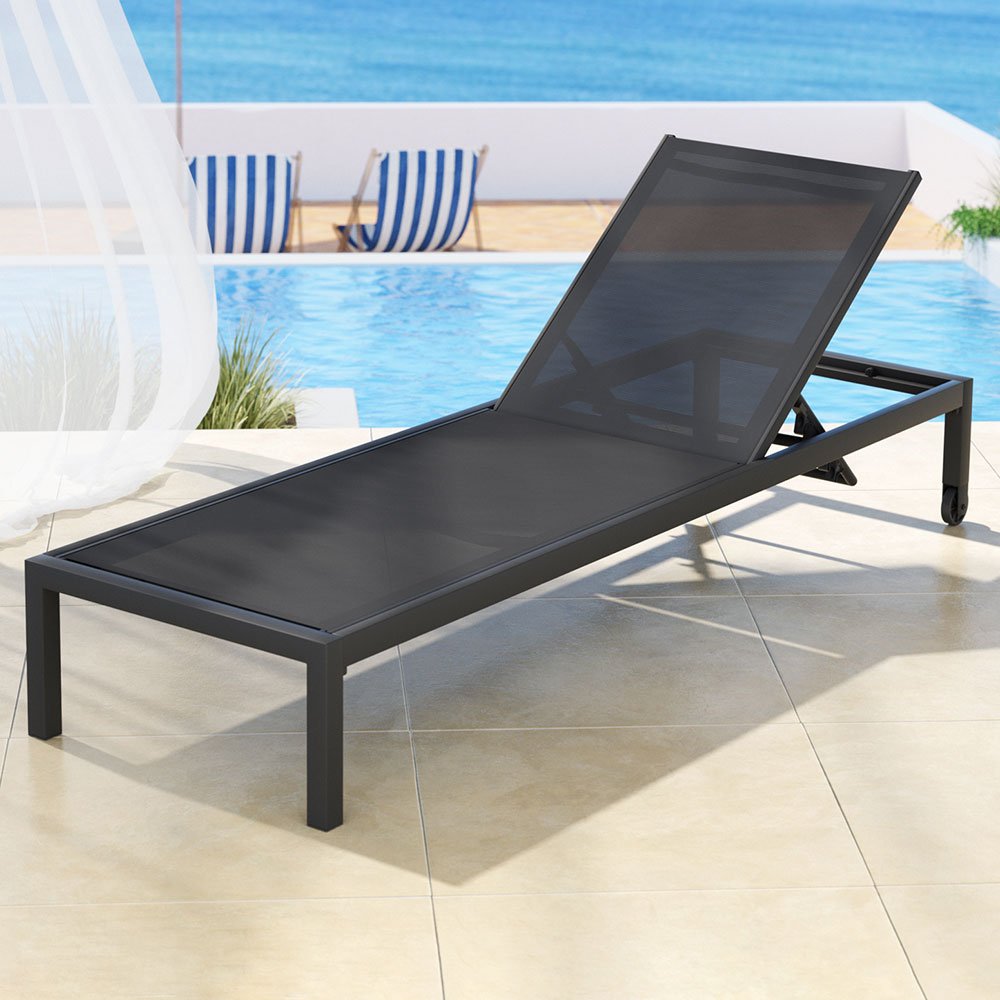 Sun Lounge Outdoor Lounger Aluminium Folding Beach Chair Wheels Black - Furniture > Outdoor - Rivercity House & Home Co. (ABN 18 642 972 209) - Affordable Modern Furniture Australia