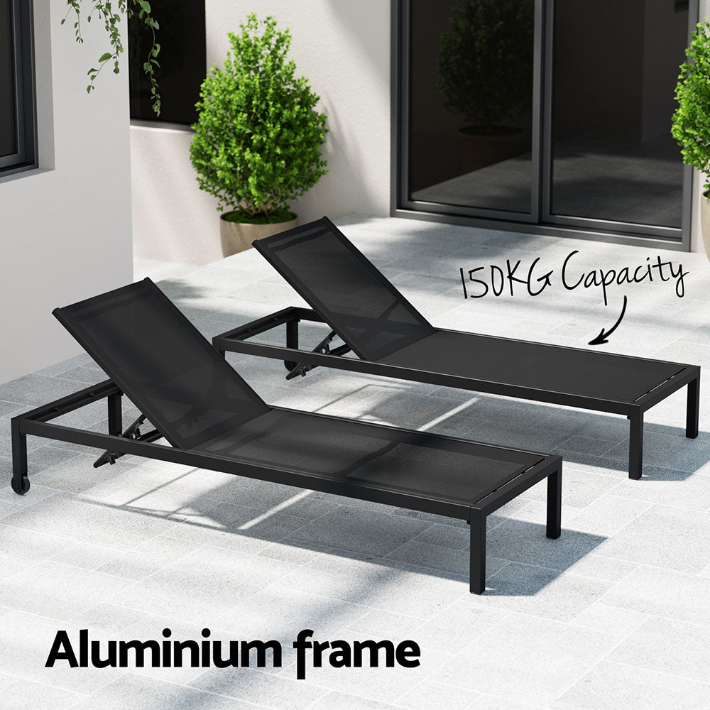 Sun Lounge Outdoor Lounger Aluminium Folding Beach Chair Wheels Black - Furniture > Outdoor - Rivercity House & Home Co. (ABN 18 642 972 209) - Affordable Modern Furniture Australia